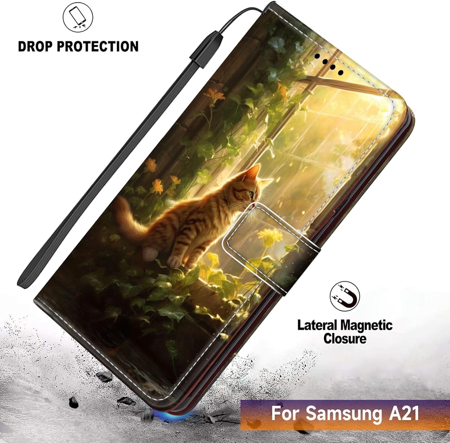 DAFEI Funda tipo cartera para Samsung Galaxy A21 con estampado de gato-aa211 de piel sintética con tapa para tarjetas de crédito y tarjetas de