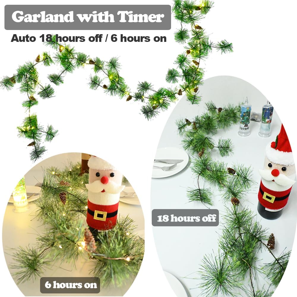 Guirnalda de Navidad con 30 luces LED de 6.56 pies, funciona con pilas, guirnaldas de pino ahumado con conos de pino, guirnalda de vegetación