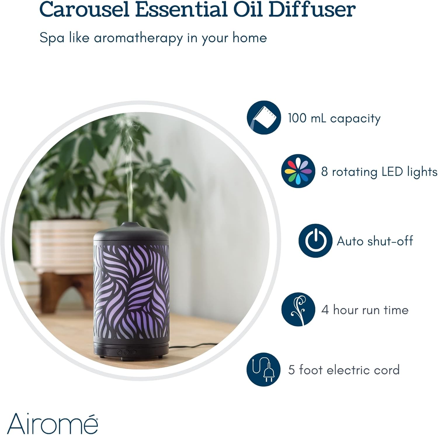 Airome – Difusor ultrasónico de aceite esencial giratorio de 3.4 fl oz con luz LED, rotación de carrusel de 360, palma silvestre de metal negro