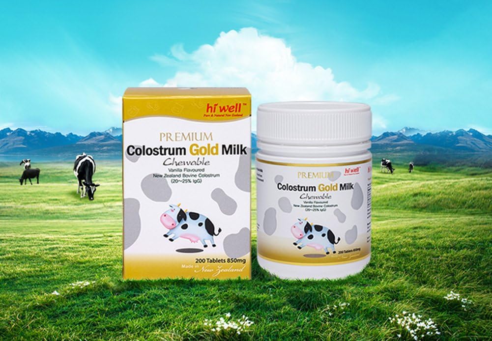 Hi Well Premium New Zealand Bovine Calostrum Gold Milk 200 comprimidos masticables Inmunoglobulina G (Igg) 2025% (Paquete de 3)