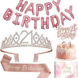 Decoraciones de cumpleaños número 21 para ella, incluye pancarta de letras de globos de feliz cumpleaños, corona y banda de tiara de diamantes de Decoraciones de cumpleaños número 21 para ella, incluye pancarta de letras de globos de feliz cumpleaños, corona y banda de tiara de diamantes de