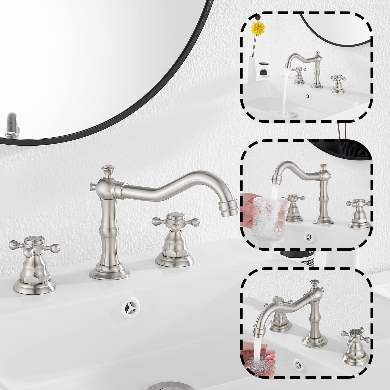 GGStudy – Grifo mezclador de 2 manijas para lavabo de tres agujeros, para lavabo de baño extendido de 8 a 16 pulgadas, con desagüe de metal que se