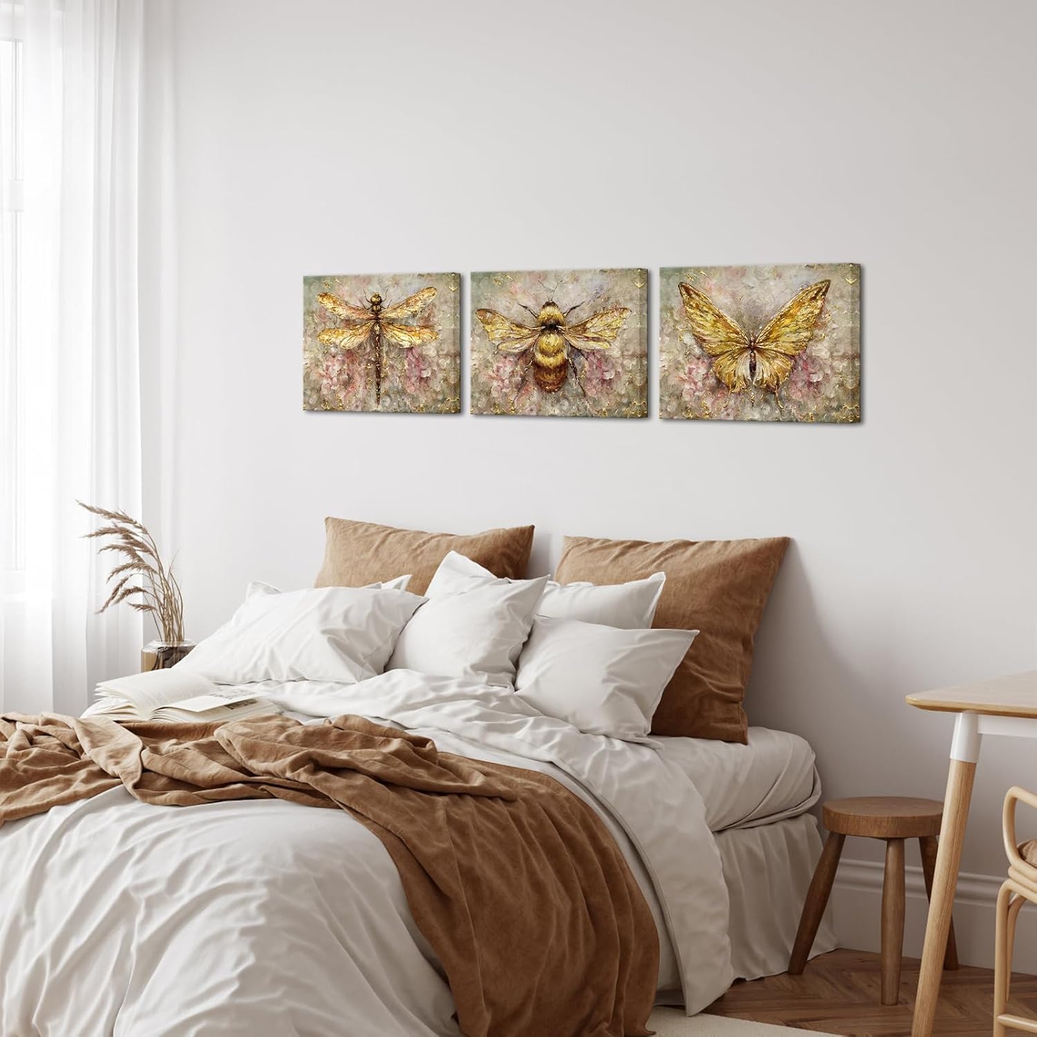 Artmyharbor Lienzo decorativo para pared, diseño de mariposa, abeja, libélula y libélula, imágenes de insectos, hermosas ilustraciones giclée, 3