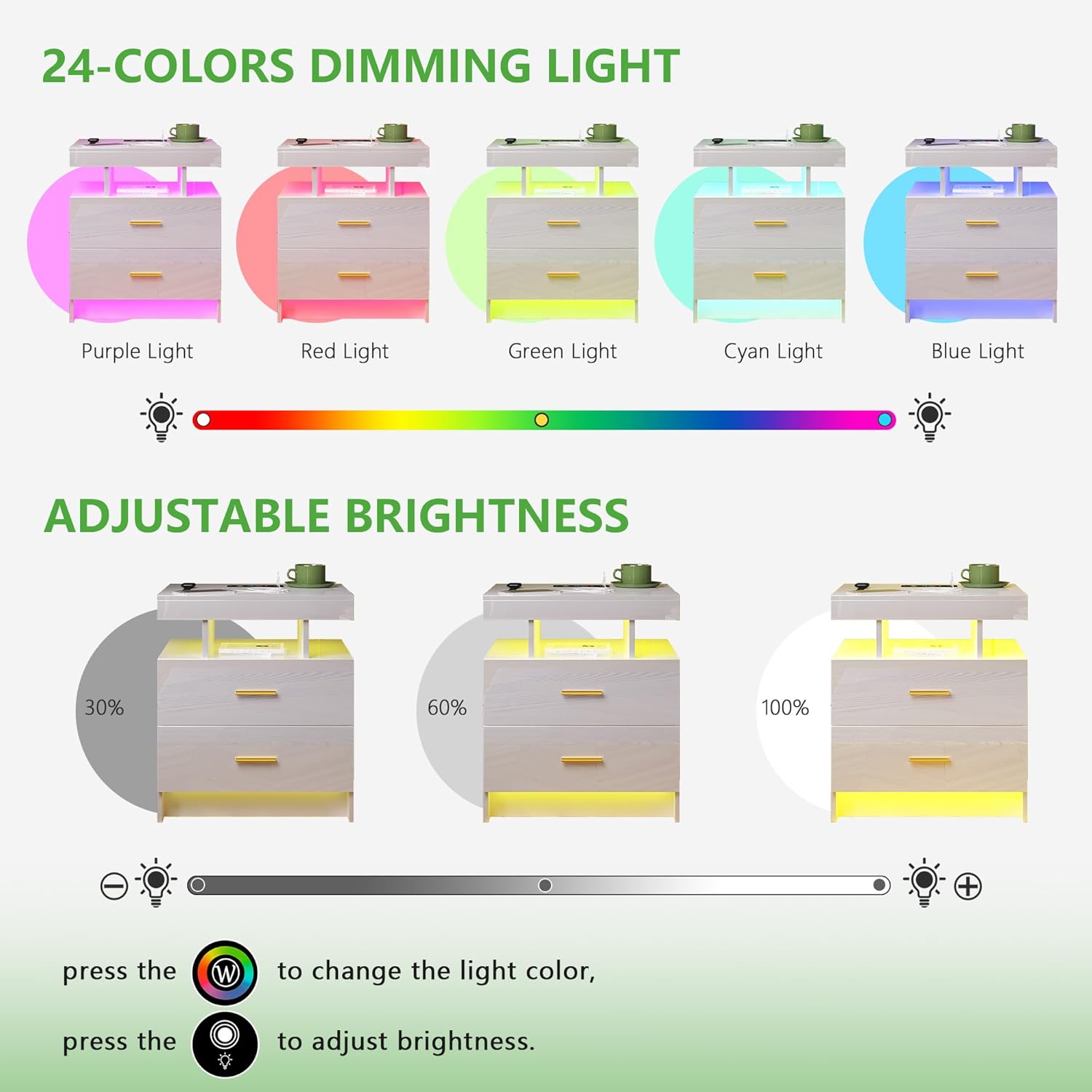 HNEBC Mesita de noche LED, RGB blanco con estación de carga USBinalámbrica, moderna mesita de noche con sensor automático de luces RGB, mesa