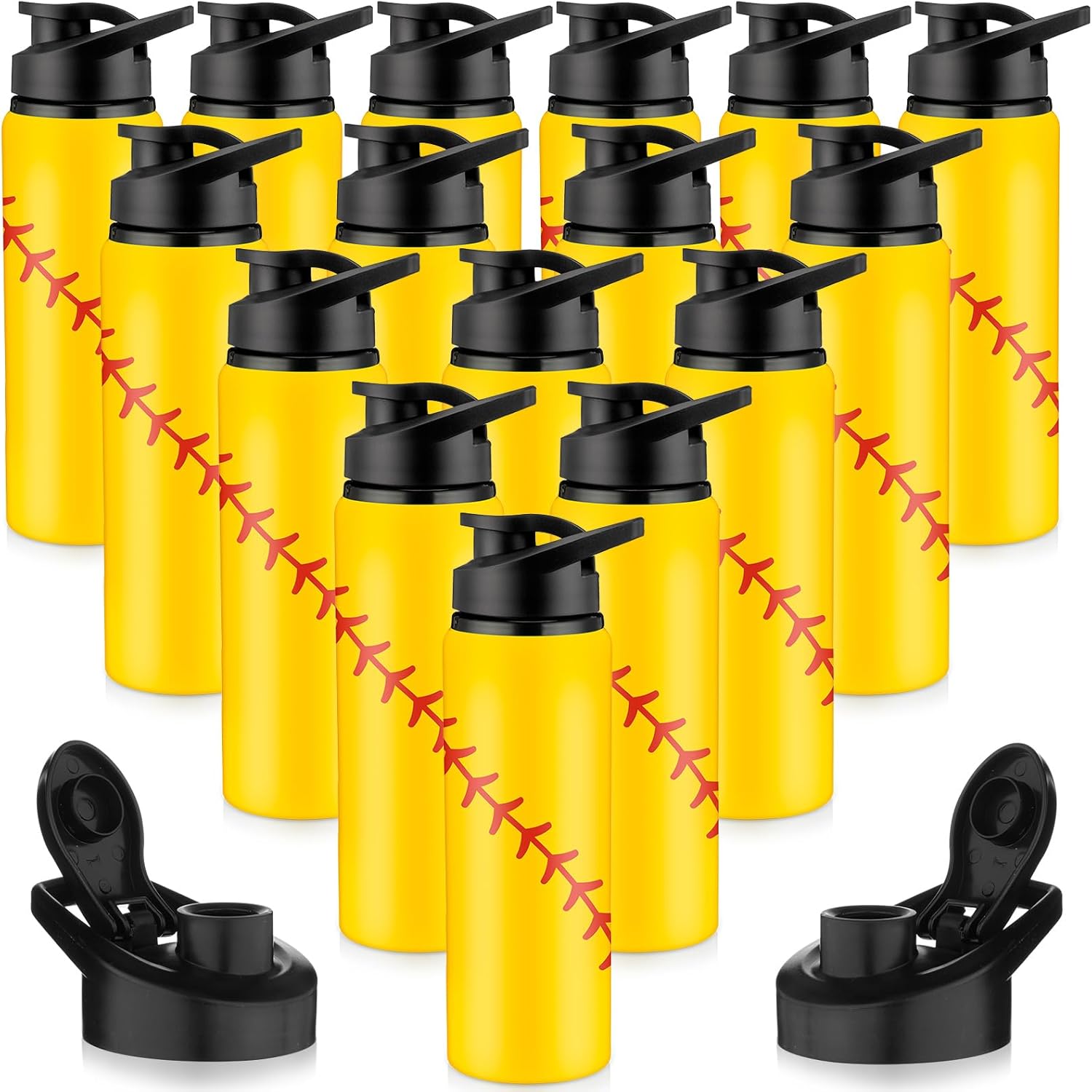 Yaomiao 16 botellas de agua de sóftbol de regalo de softbol, botella de agua de aluminio, tapa a presión, botellas reutilizables a prueba de fugas,