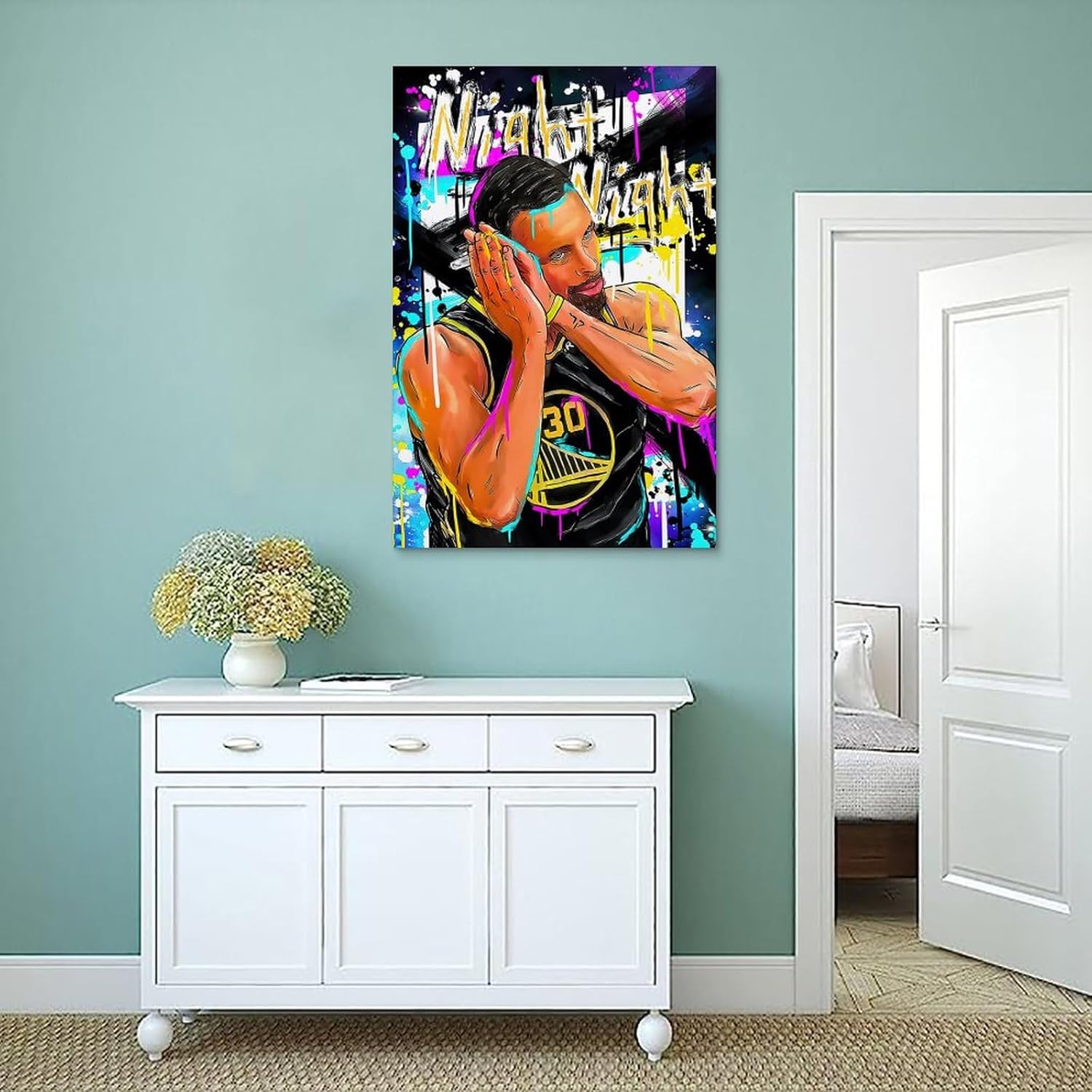 Ebxozp Steph Curry Night – Lienzo de baloncesto para dormitorio de niños, decoración del hogar, regalo para amigos, 24 x 36 pulgadas (23.6 x 35.4 in)