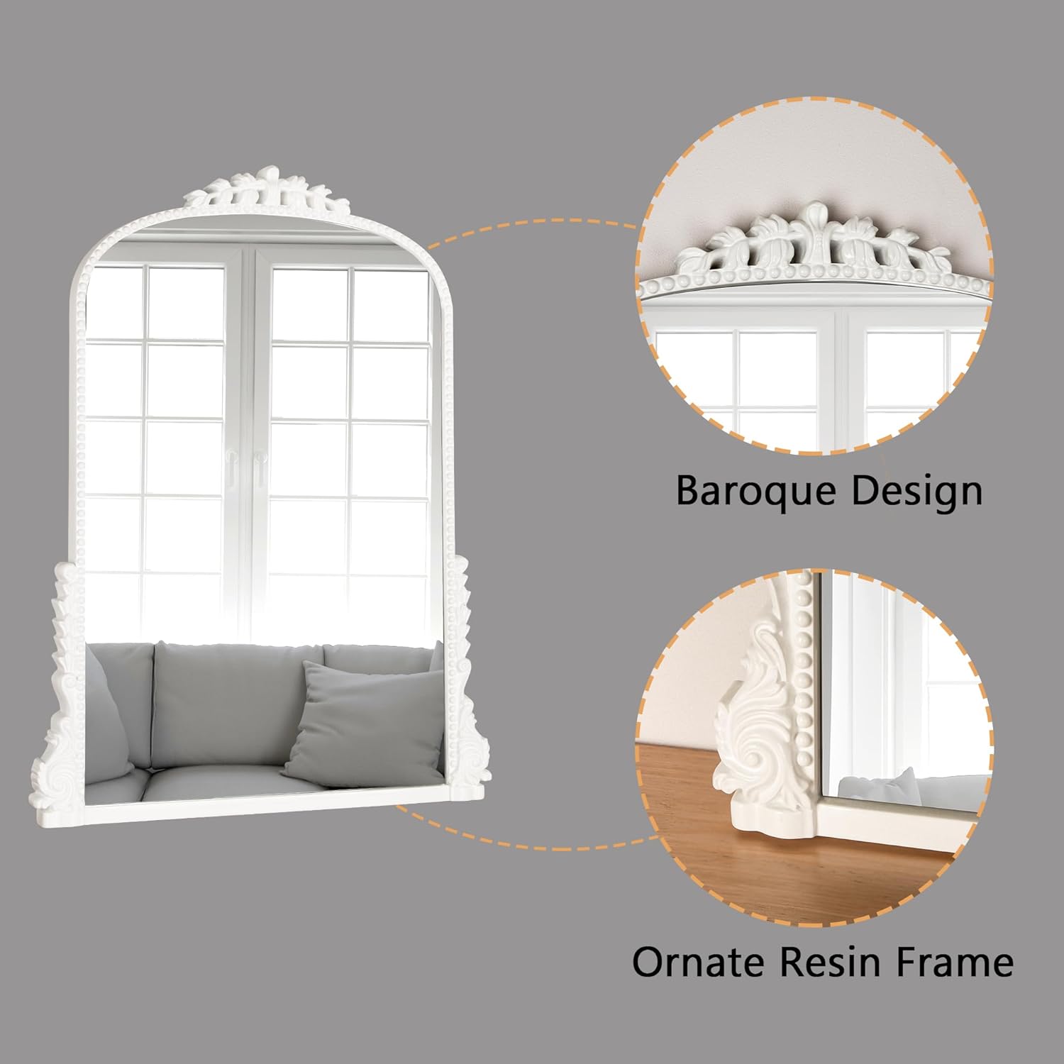 SHYFOY Espejo de pared antiguo, espejo de arco barroco blanco para decoración de pared, espejo decorativo de 31.5 x 23.6 pulgadas, elegancia
