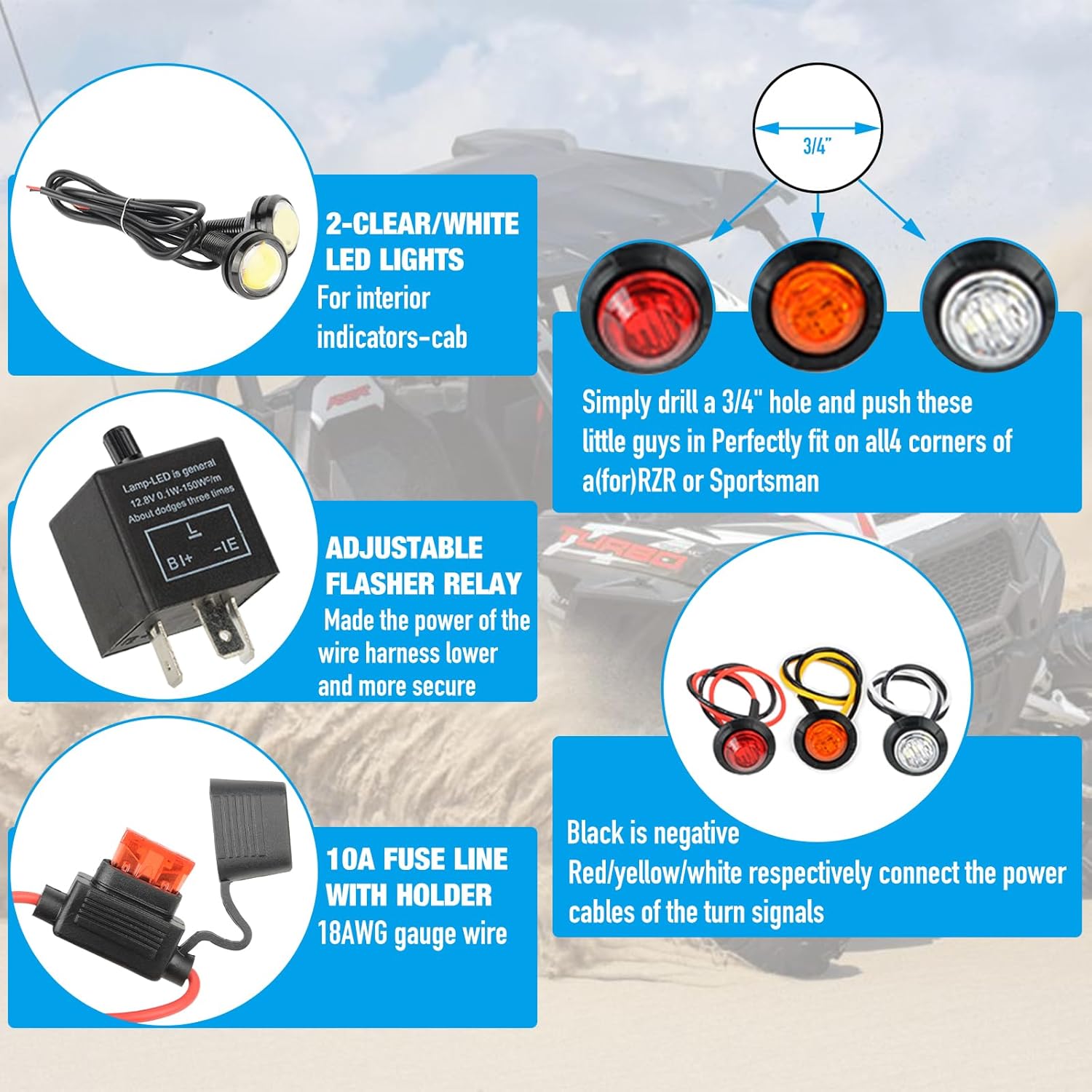 Kit de bocina UTV ATV y kit de señal de giro con interruptor basculante para Polaris RZR Ranger Honda Pioneer SXS Dirt Bike Turbo Can-Am Kawasaki