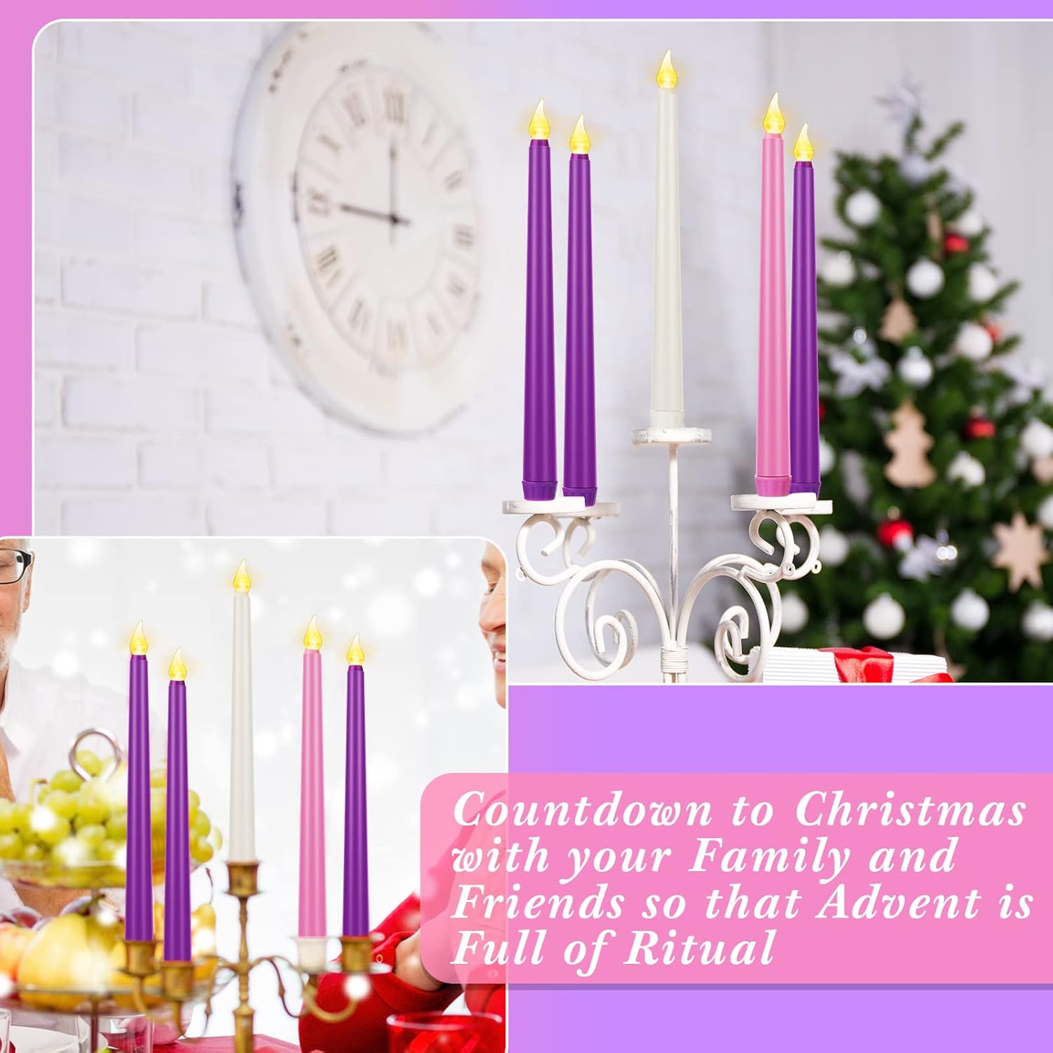 5 velas de adviento sin llama, velas de Adviento LED para Navidad, rituales de Adviento festivos, iglesia, celebración, decoración del hogar (estilo
