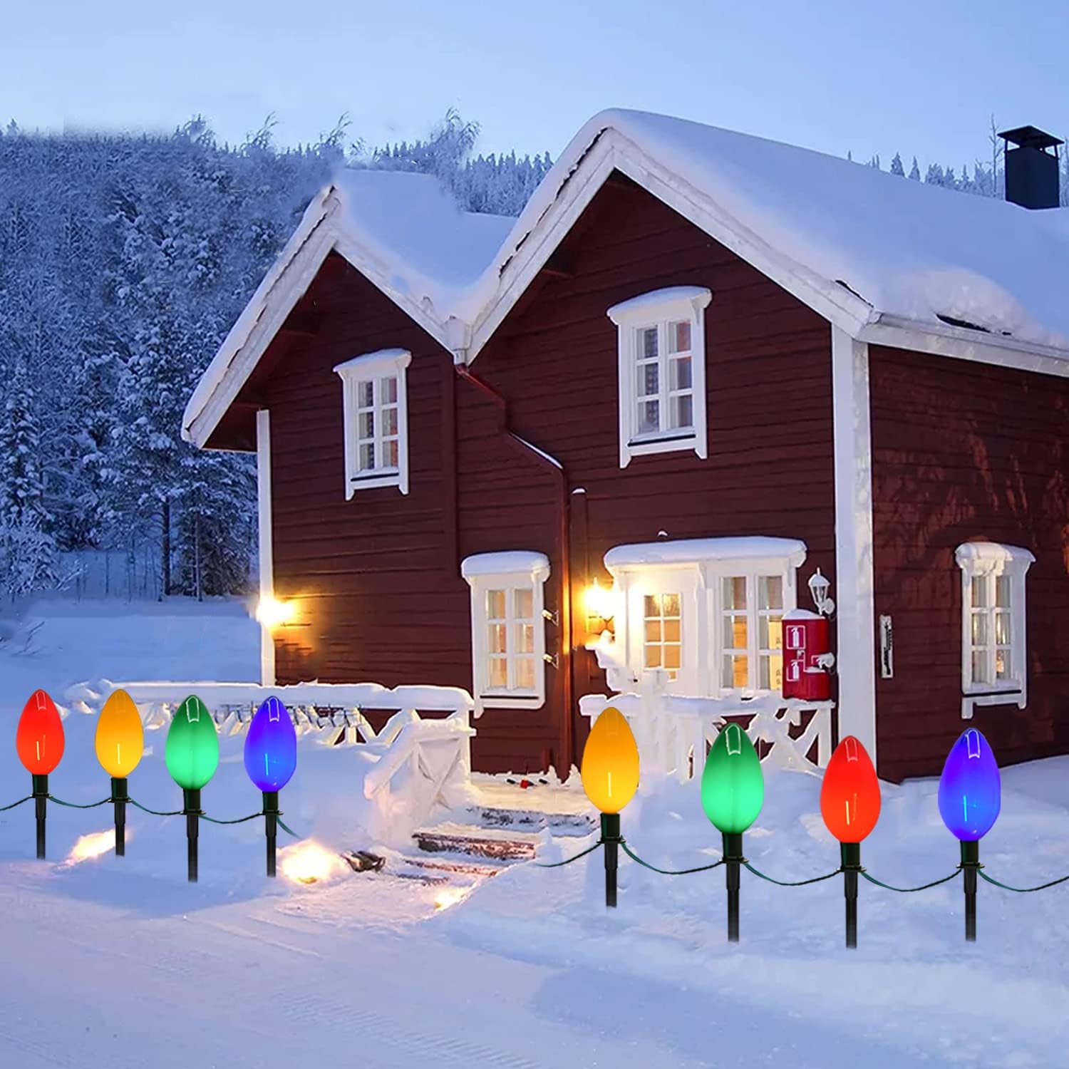 C9 – Luces LED multicolor para Navidad, 1 paquete de 7 pies con 4 luces LED multicolor con 4 estacas, impermeable, para Navidad, césped, pasarela,
