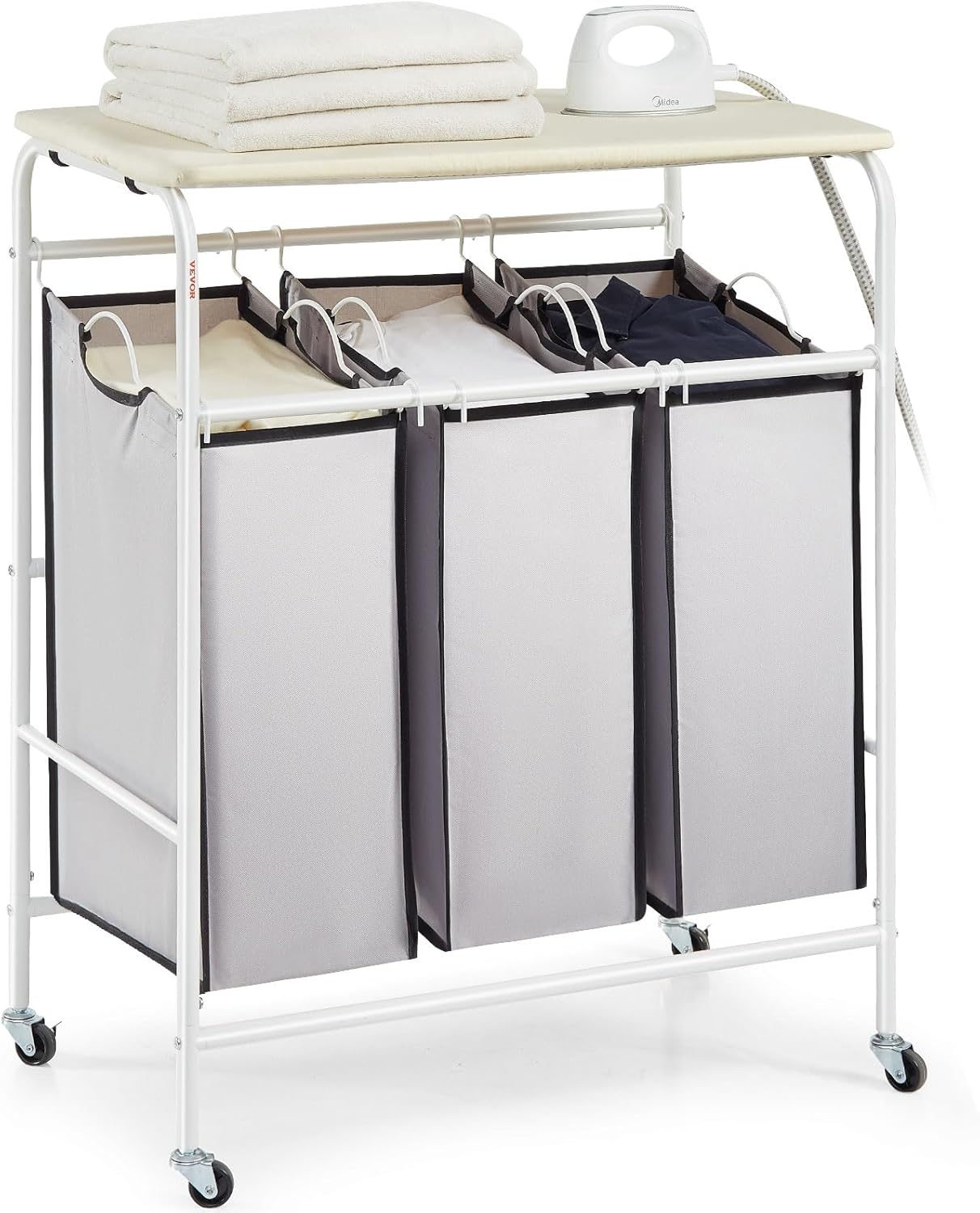 VEVOR Carrito clasificador de lavandería de 3 secciones con tabla de planchar, cesta de lavandería resistente con ruedas bloqueables y 3 bolsas