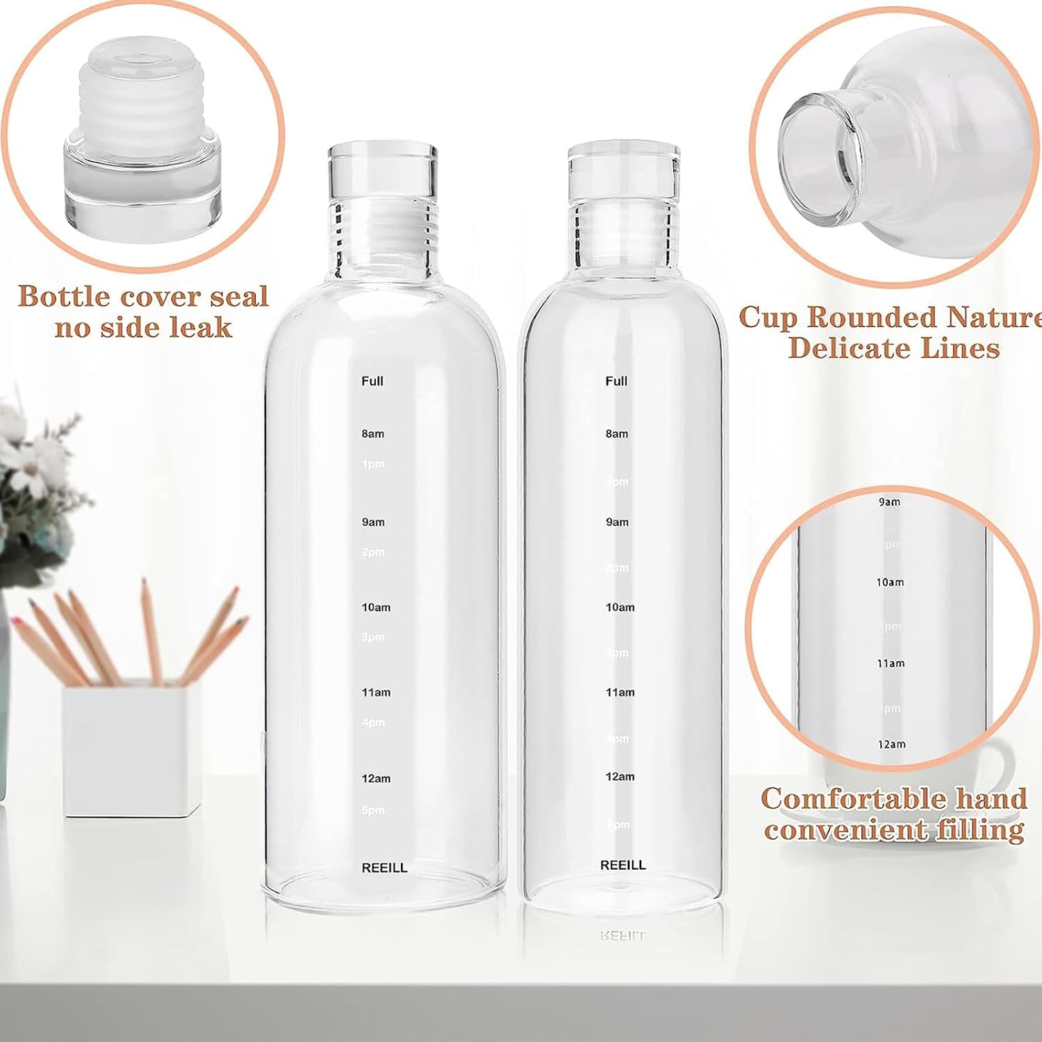 DNIENKGE Botella de agua de vidrio de 27 onzas con marcador de tiempo, a prueba de fugas, sin BPA, reutilizable, con funda antideslizante, para