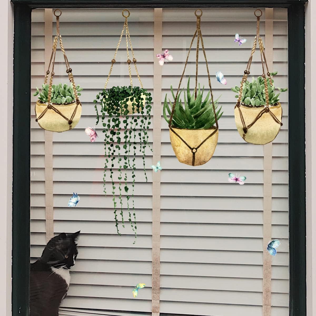 Calcomanías de pared para ventana de suculentas, PVC de doble cara para colgar plantas verdes, mariposas, anticolisión, removibles, calcomanías de