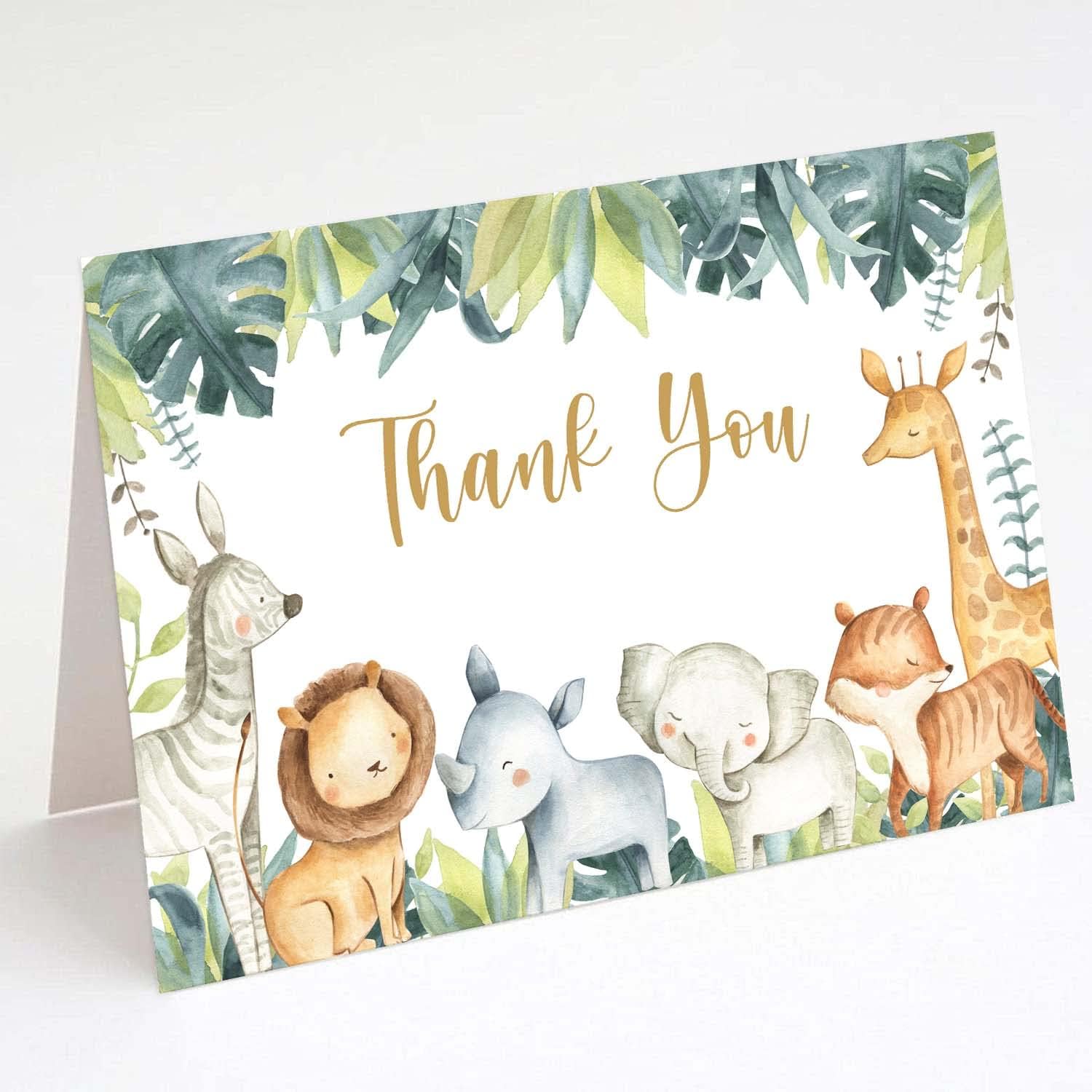 Buerhanerry 50 tarjetas de agradecimiento de safari, 4 x 6 pulgadas, tarjetas de agradecimiento de animales de la selva para baby shower, notas de