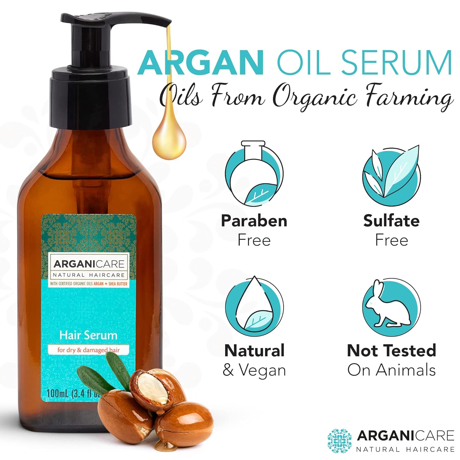 Arganicare Aceite de argán natural para cabello seco y dañado, suero vegano para el crecimiento del cabello con aceite de jojoba diseñado para la