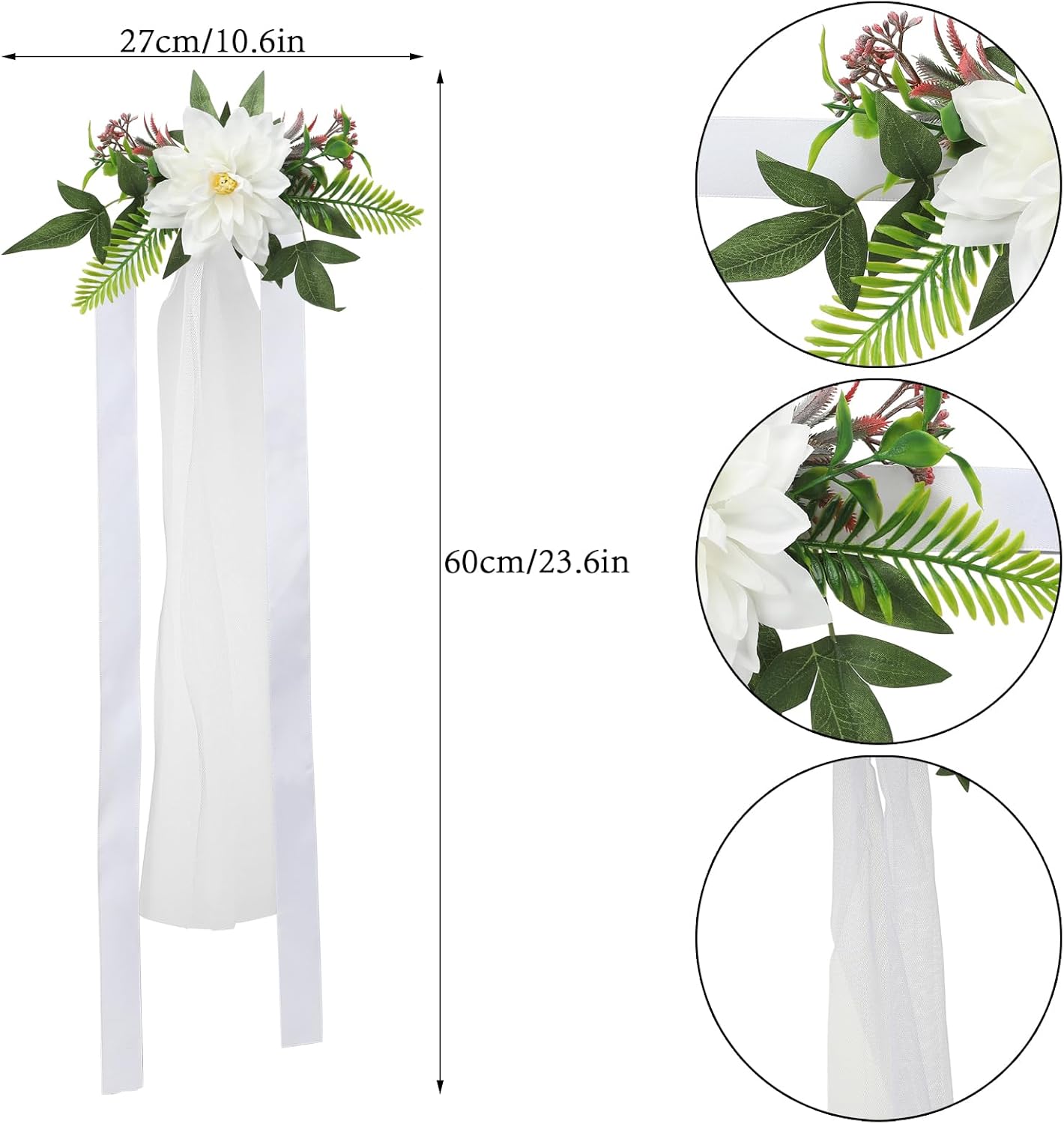 Fofetbfo Juego de 6 decoraciones para sillas de pasillo de boda, flores artificiales con cintas, sillas, respaldo de banco, arreglo de flores para