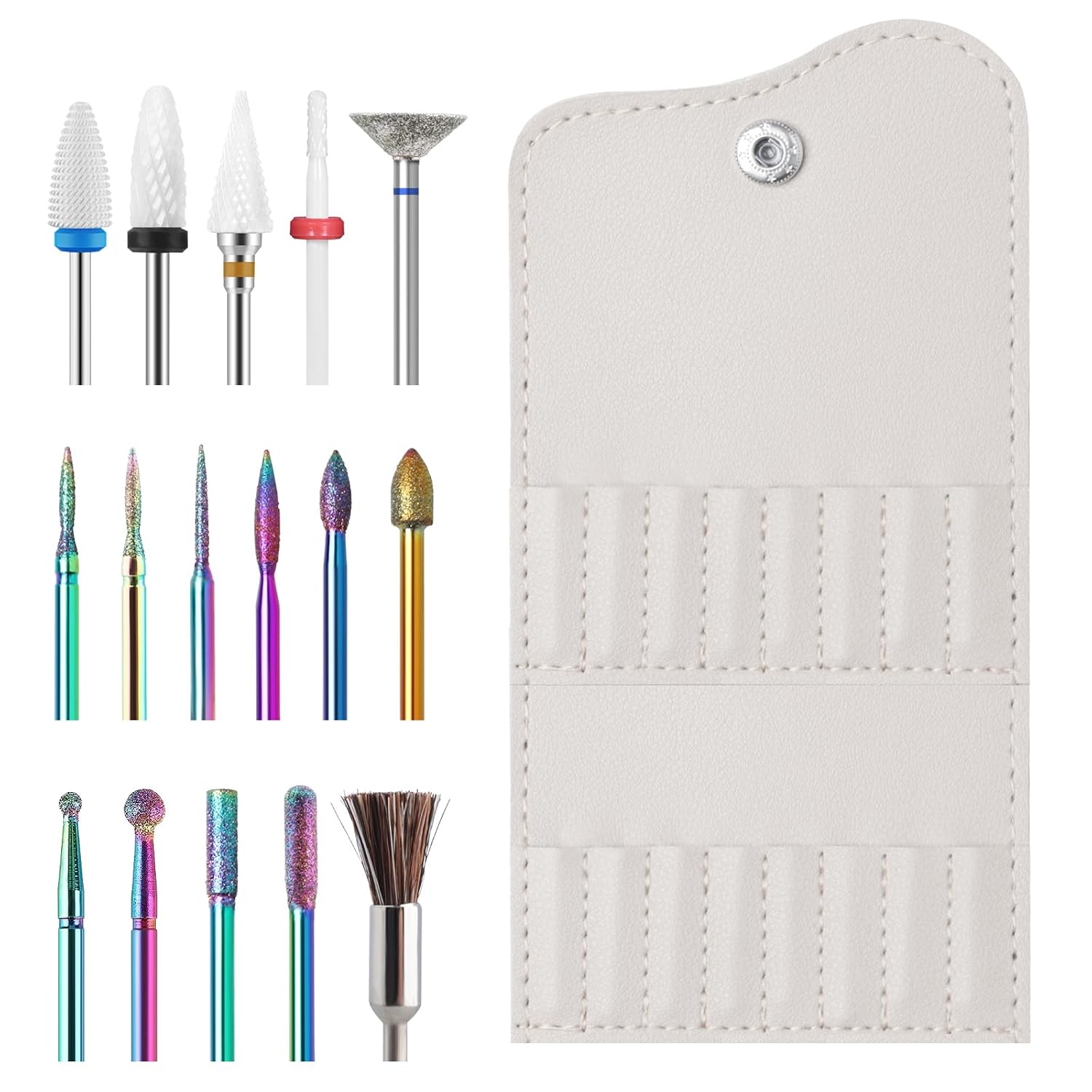 16 brocas de uñas con soporte de cuero portátil, brocas de 332 pulgadas para juego de uñas, brocas profesionales de carburo de tungsteno de cerámica