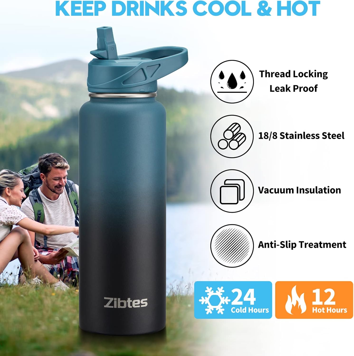 Zibtes Botella de agua aislada de 32 onzas con popote, 3 tapas (tapa abatible, boquilla y asa), botella de agua deportiva de acero inoxidable a