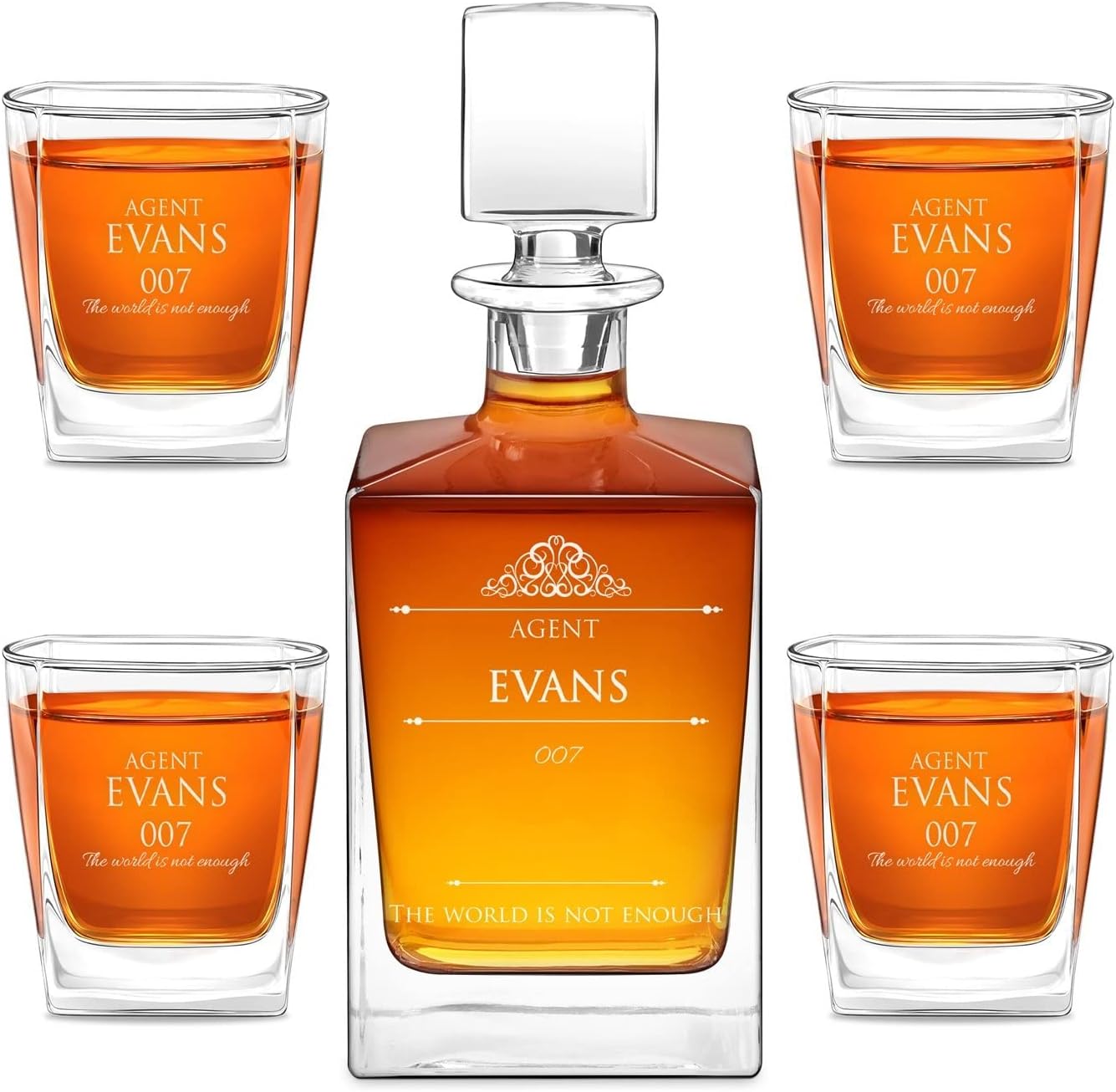 Maverton Juego de whisky personalizado para hombre, elegante jarra con 4 vasos para él, botella de vidrio para caballero, cristalería grabada para