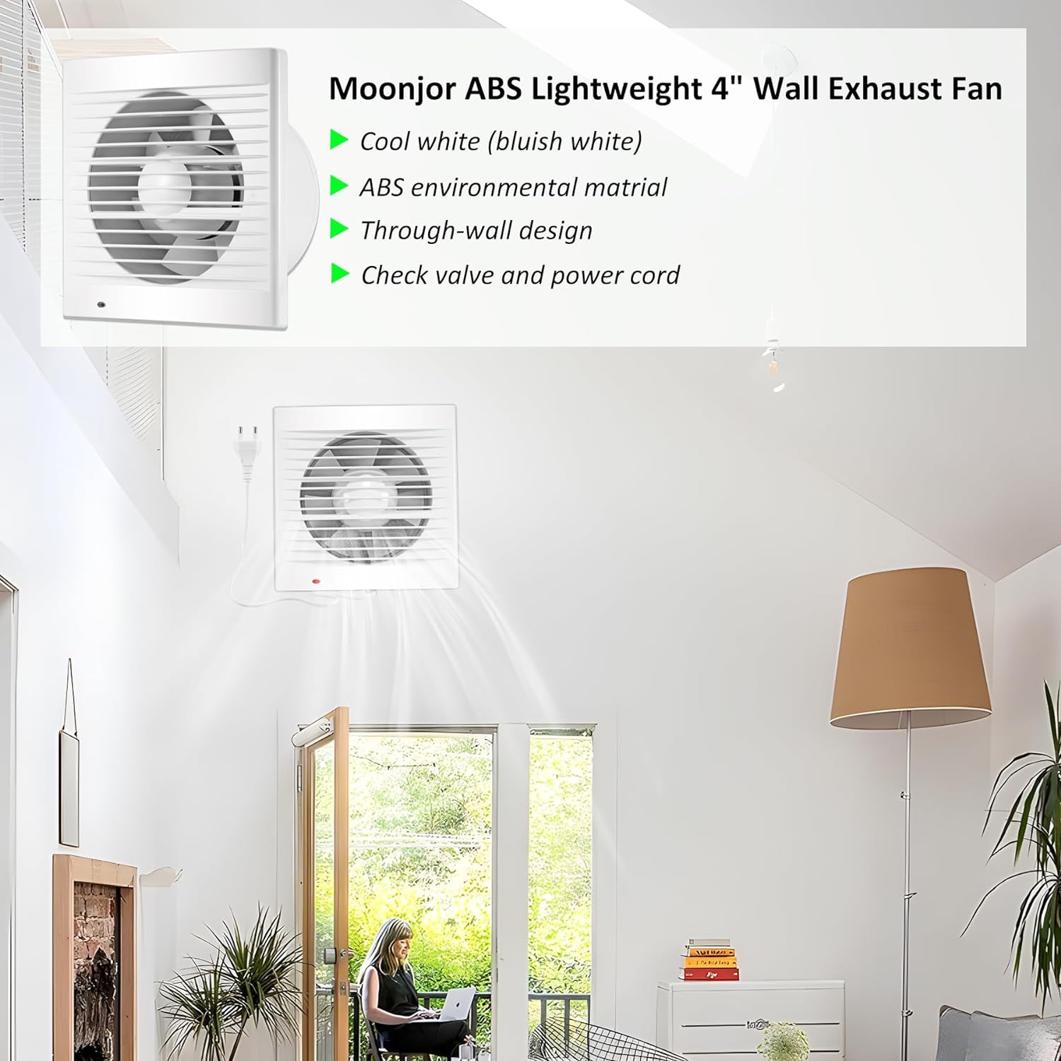 Moonjor Extractor de ventilación de 4 pulgadas, 55CFM 12 W, ventilador extractor de ventilación de montaje en pared para cocina, baño, taller,
