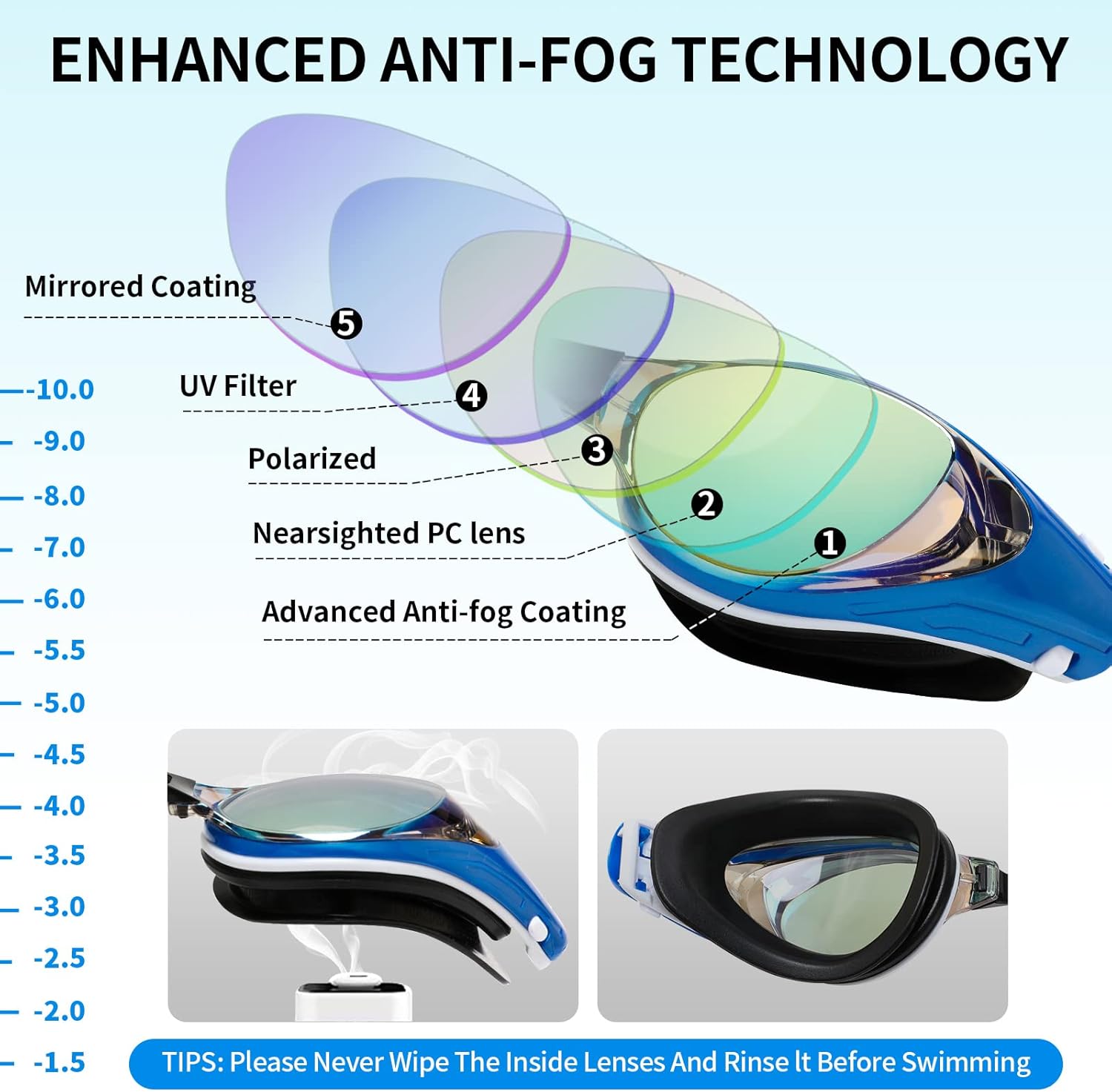 Gafas de natación miopes, gafas de natación ópticas miopes, sin fugas, antivaho y protección UV para adultos, hombres y mujeres