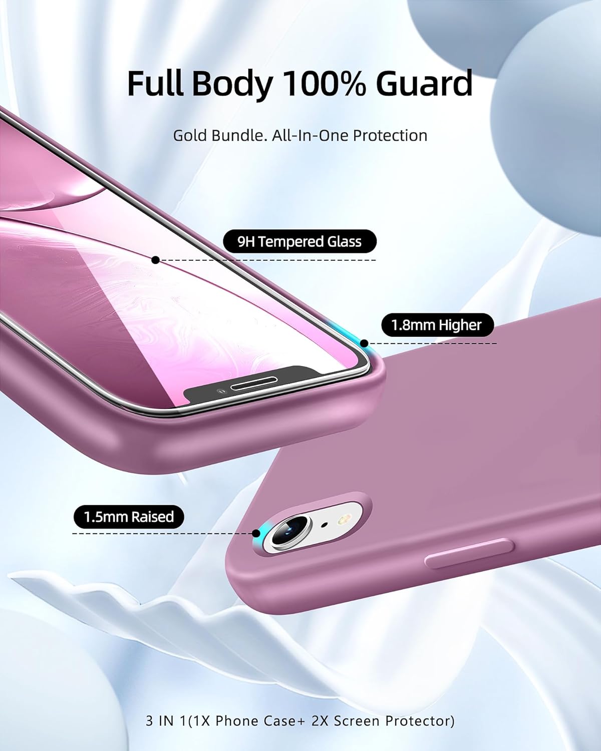 JTWIE Funda 3 en 1 para iPhone XR con 2 protectores de pantalla, delgada de silicona líquida, a prueba de golpes, funda protectora para iPhone XR