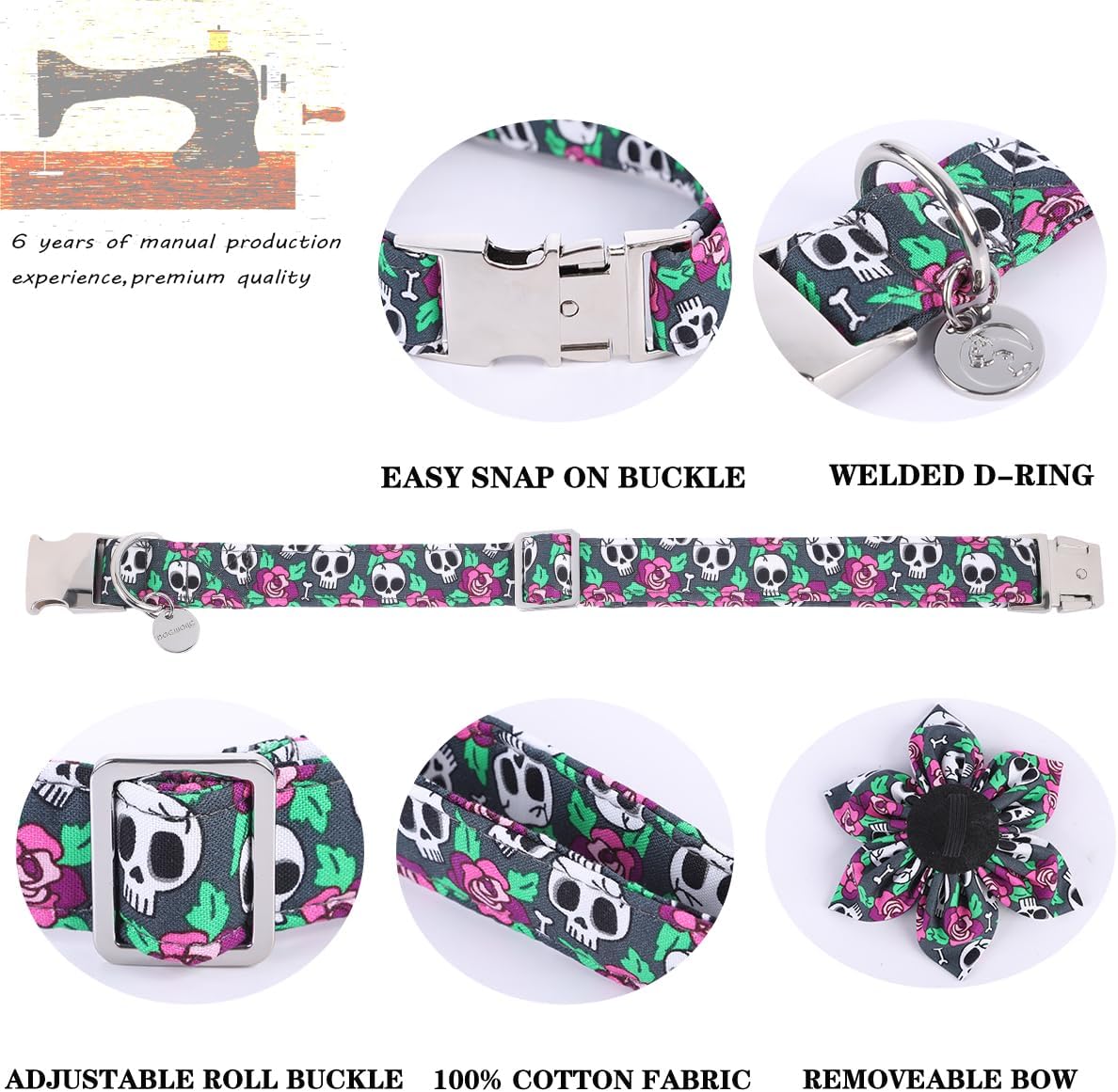 DOGWONG Collar de perro fantasma de Halloween con corbatín, collar de perro de calavera rosa para Halloween, duradero y suave, collar de perro para