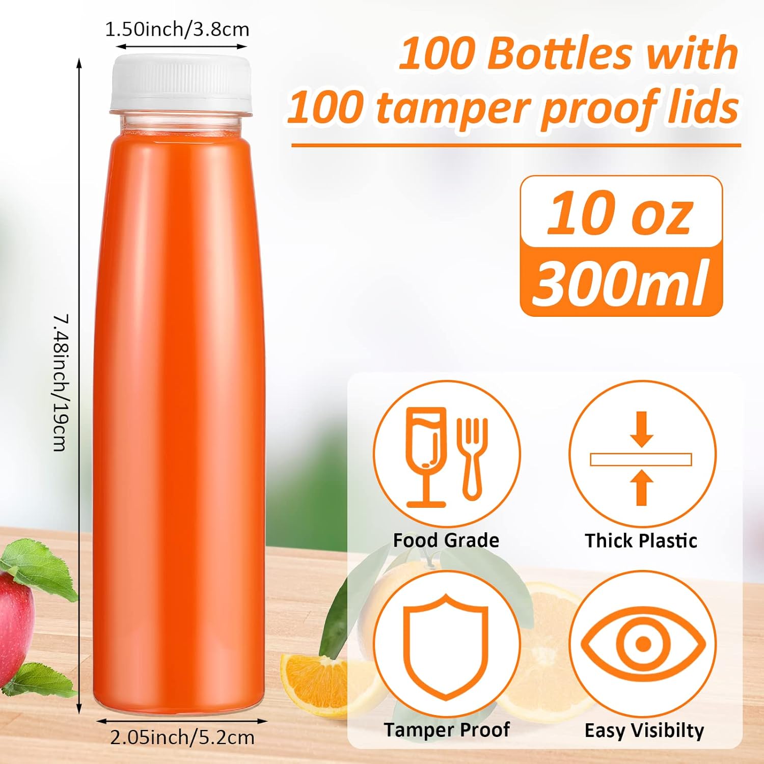 Tanlade 100 botellas de plástico para jugos con tapas, recipientes transparentes reutilizables para bebidas, botellas vacías para jugos caseros,