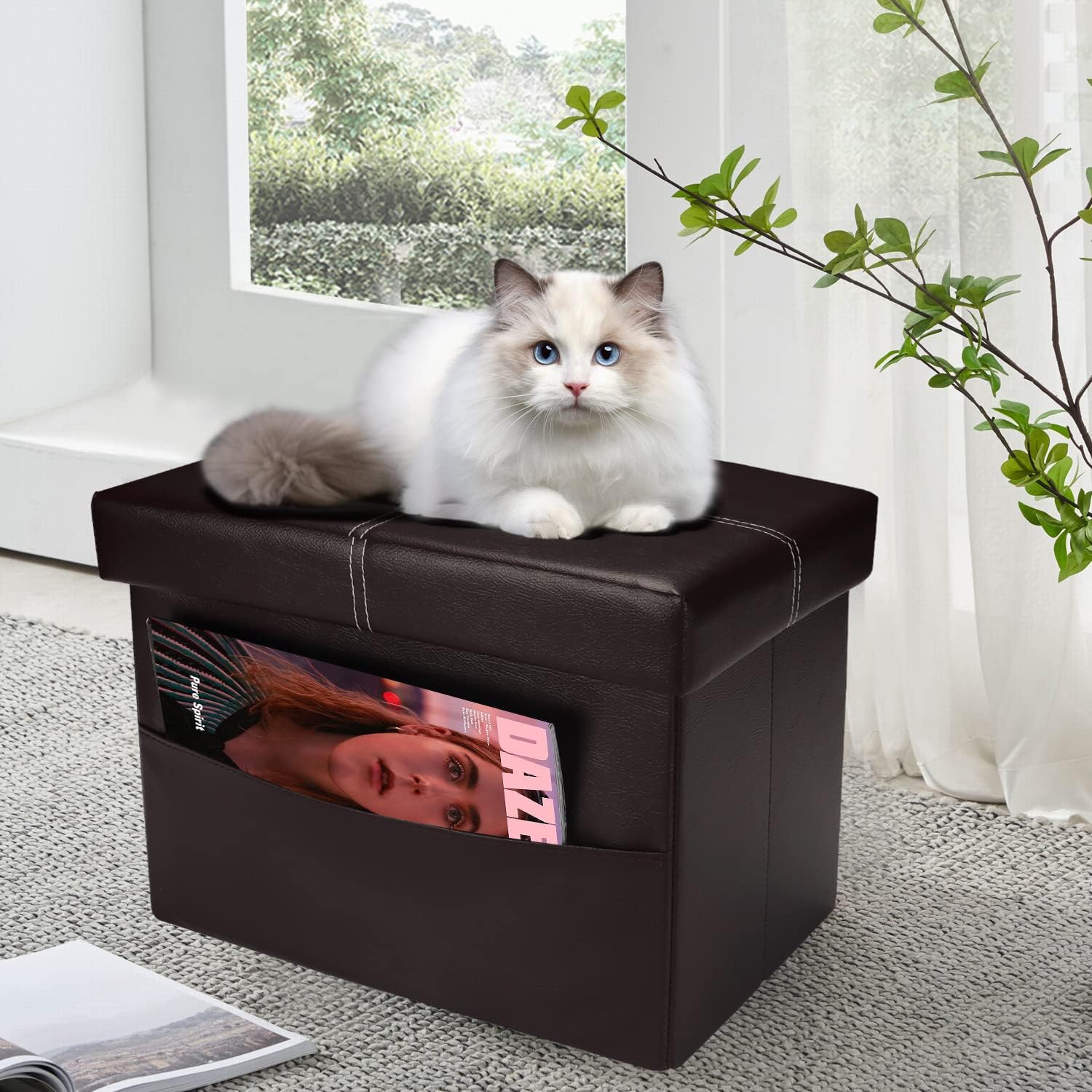 AmasSmile Otomana plegable de almacenamiento con bolsillo lateral, reposapiés, reposapiés, otomana de cuero negro con almacenamiento para sala de