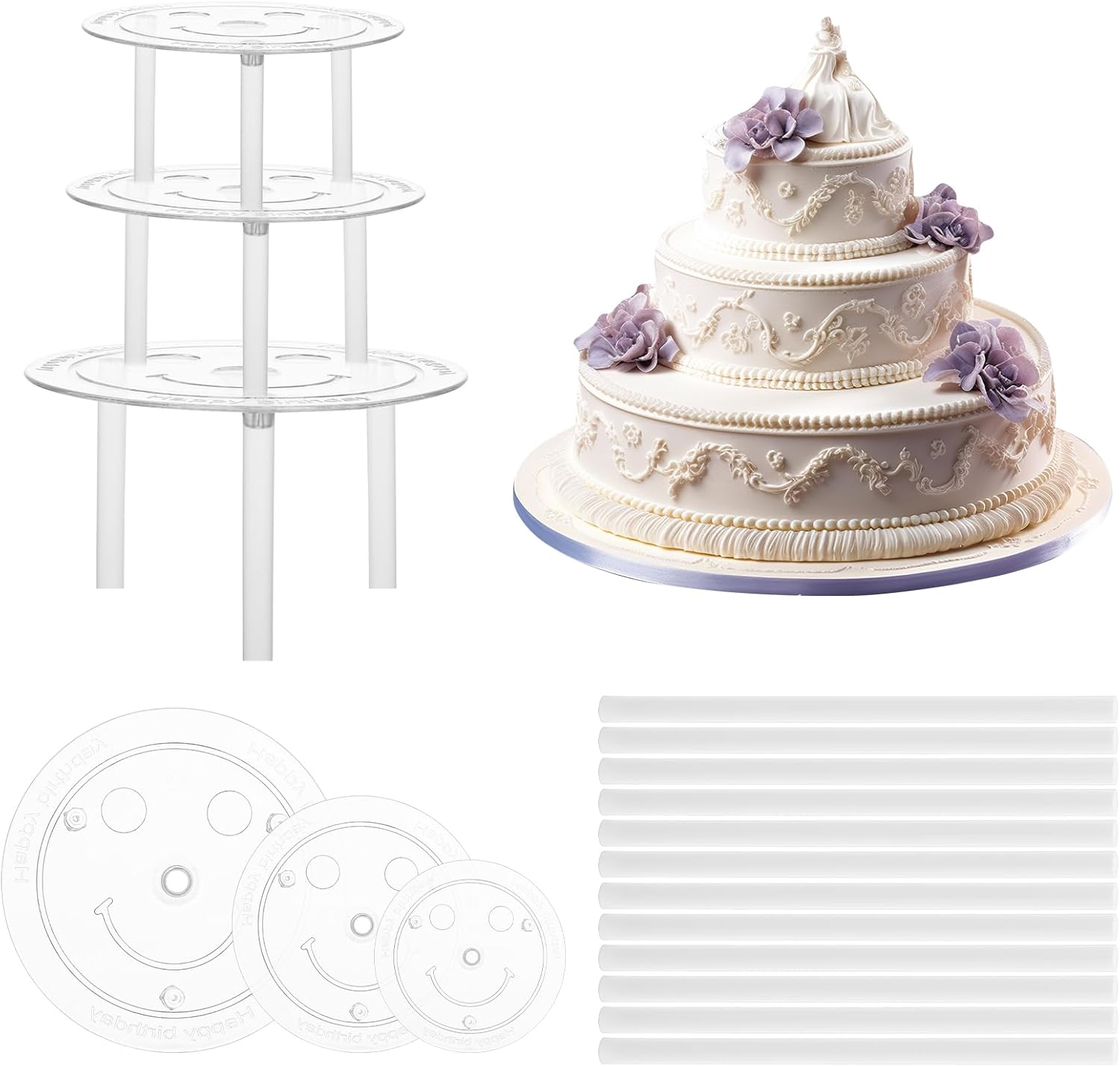 Juego de varillas para tartas, 15 varillas para tartas con 3 tablas de pastel (468 pulgadas) para pasteles escalonados, varillas de plástico para