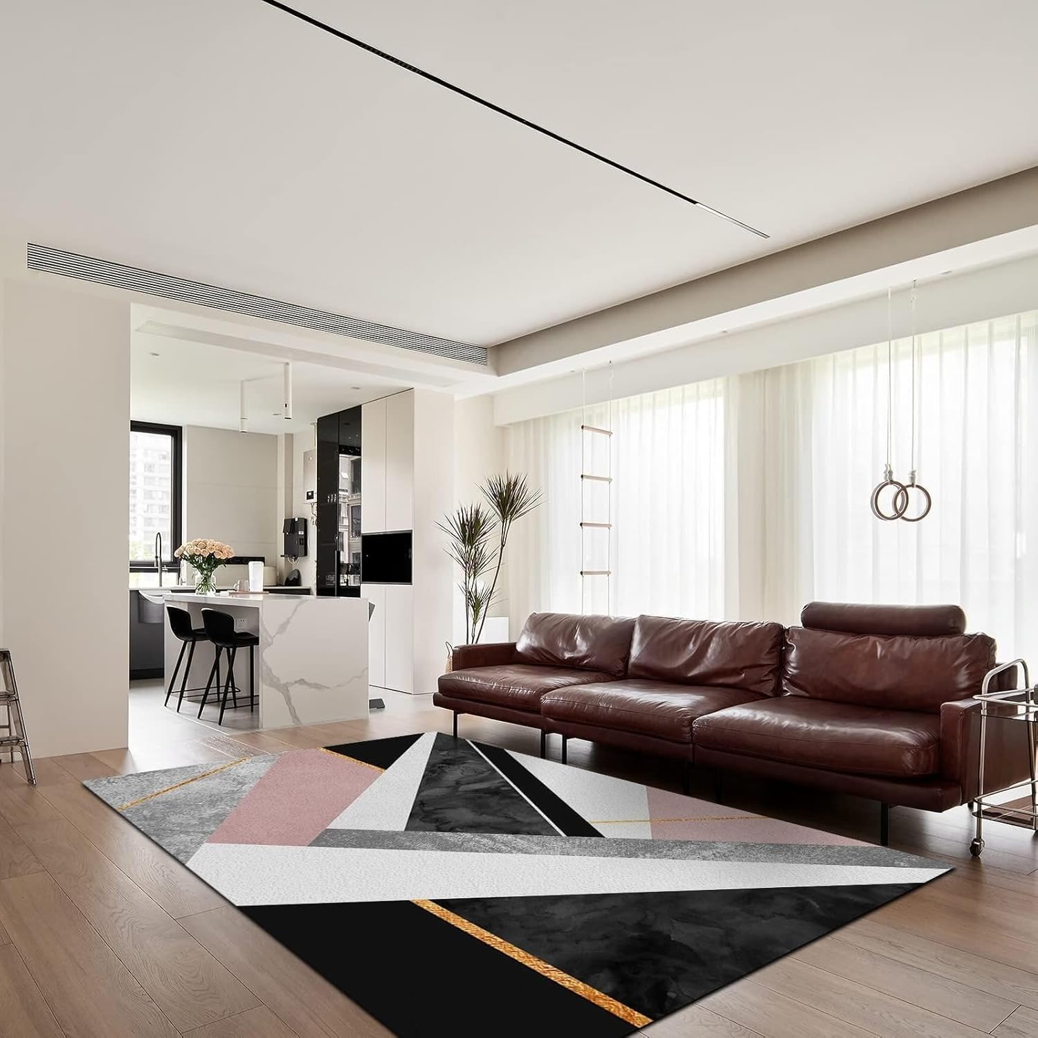 Alfombra de área de mármol gris, blanco, rosa, negro, con líneas geométricas abstractas, de lujo, suave, lavable, para sala de estar, dormitorio,