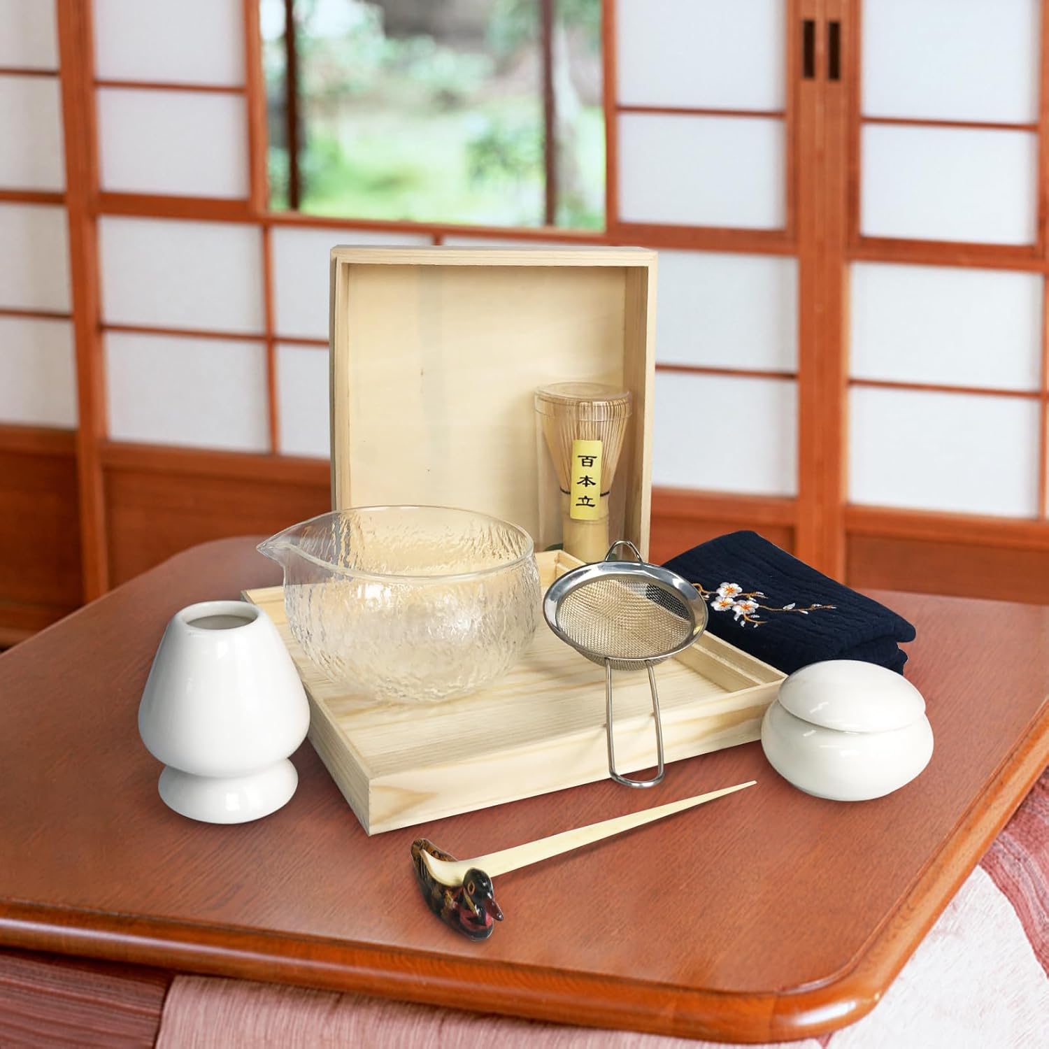 Artcome Juego de té matcha japonés, cuenco de vidrio con boquilla para verter, batidor de matcha, soporte para batidor de cerámica, organizador de