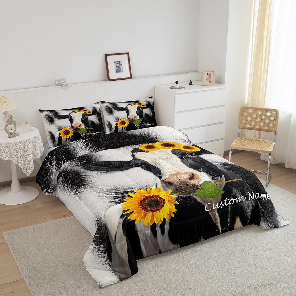 Erosebridal Juego de edredón personalizado de vaca de las tierras altas, juego de ropa de cama con estampado de vaca negra y blanca para niños,