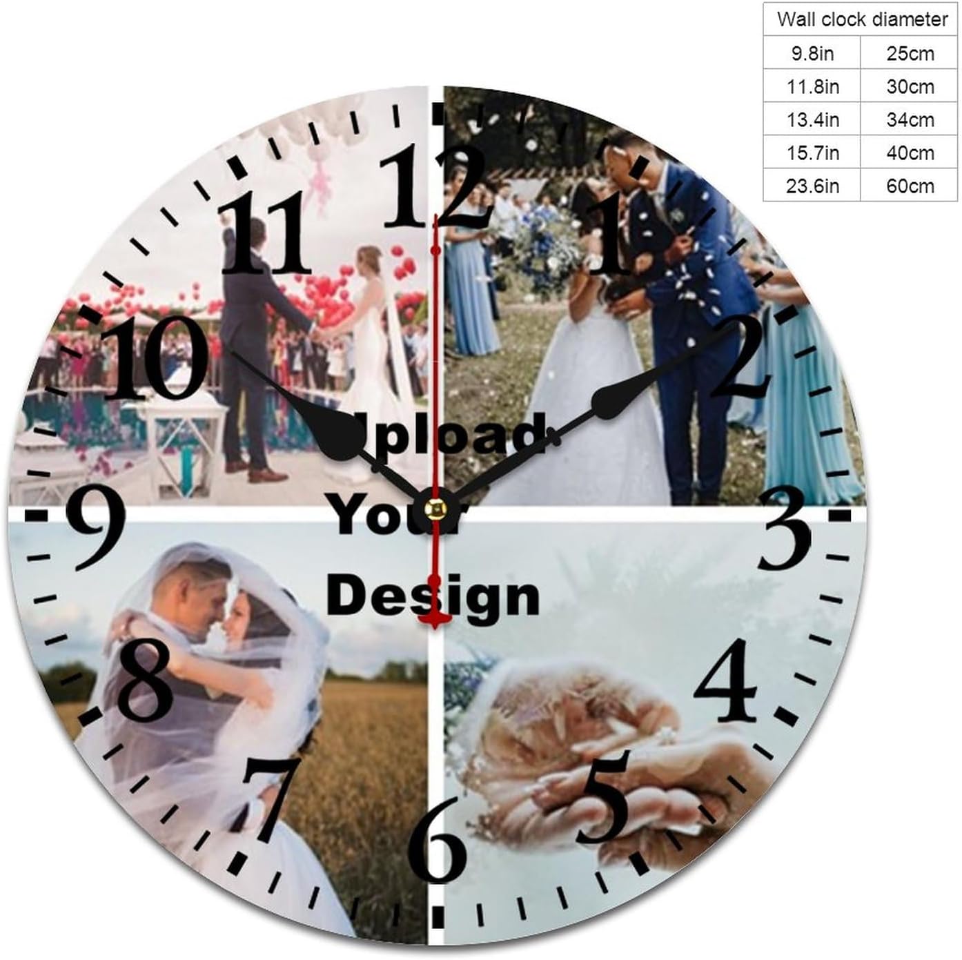 Reloj de pared de madera personalizado de 16 pulgadas, silencioso, sin tictac, imágenes personalizadas, reloj colgante conmemorativo para boda,