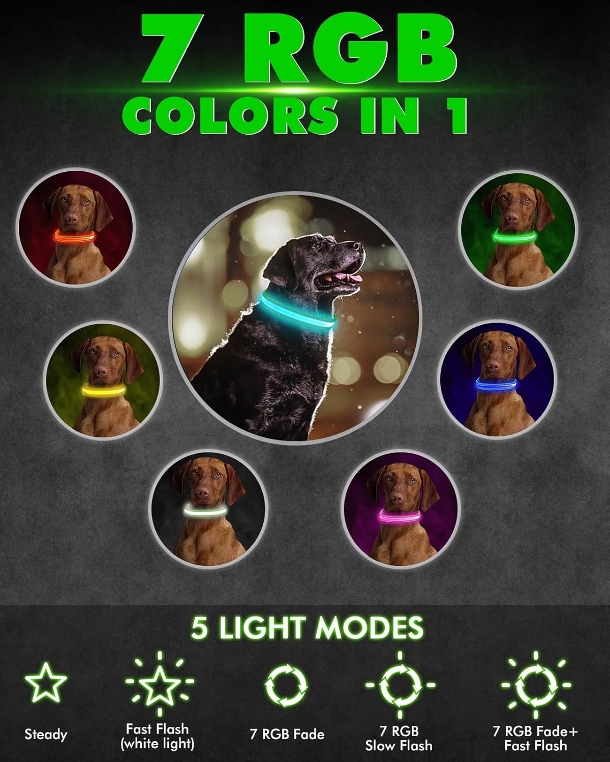 Petbank Collar de perro con luz LED, 7 colores RGB y 5 modos de luz, ajustable recargable por USB, collares de perro que brillan en la oscuridad,