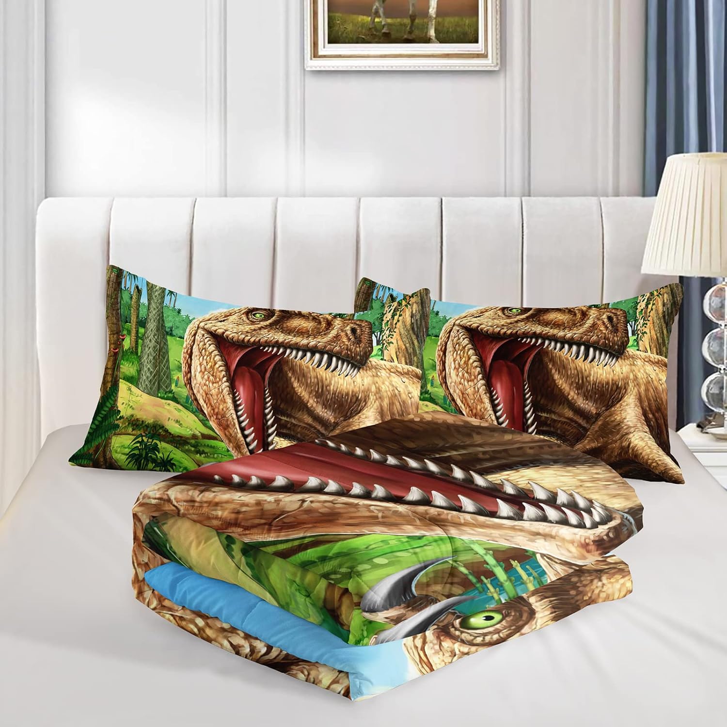 Juego de edredón de dinosaurio 3D tamaño matrimonial para niños y niños, juego de ropa de cama de dinosaurio Jurassic Jungle de 3 piezas, incluye 1