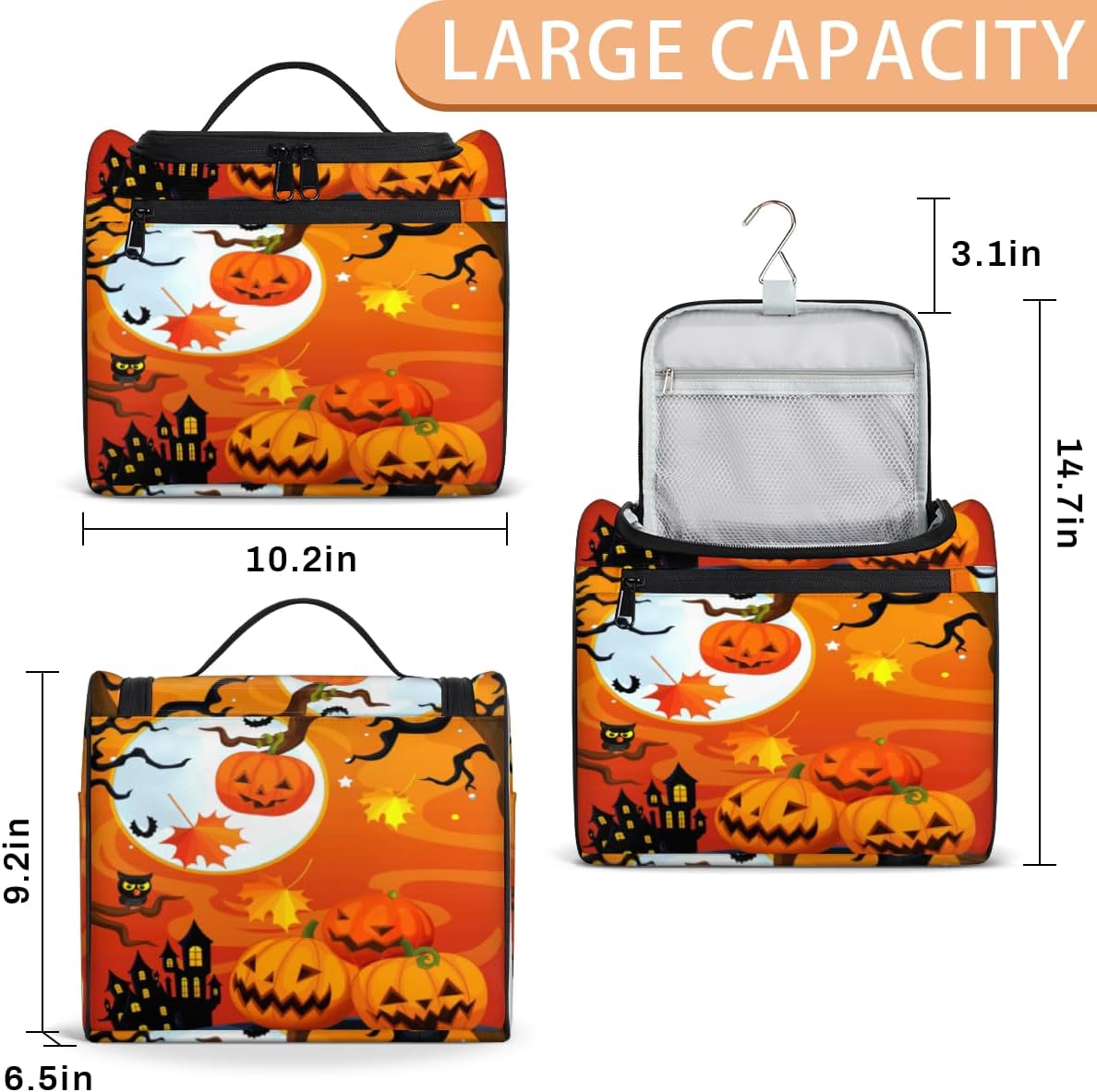 Bolsa de aseo para fiesta de Halloween, decoración moderna para mujer, organizador de maquillaje de viaje con gancho para colgar, bolsas de