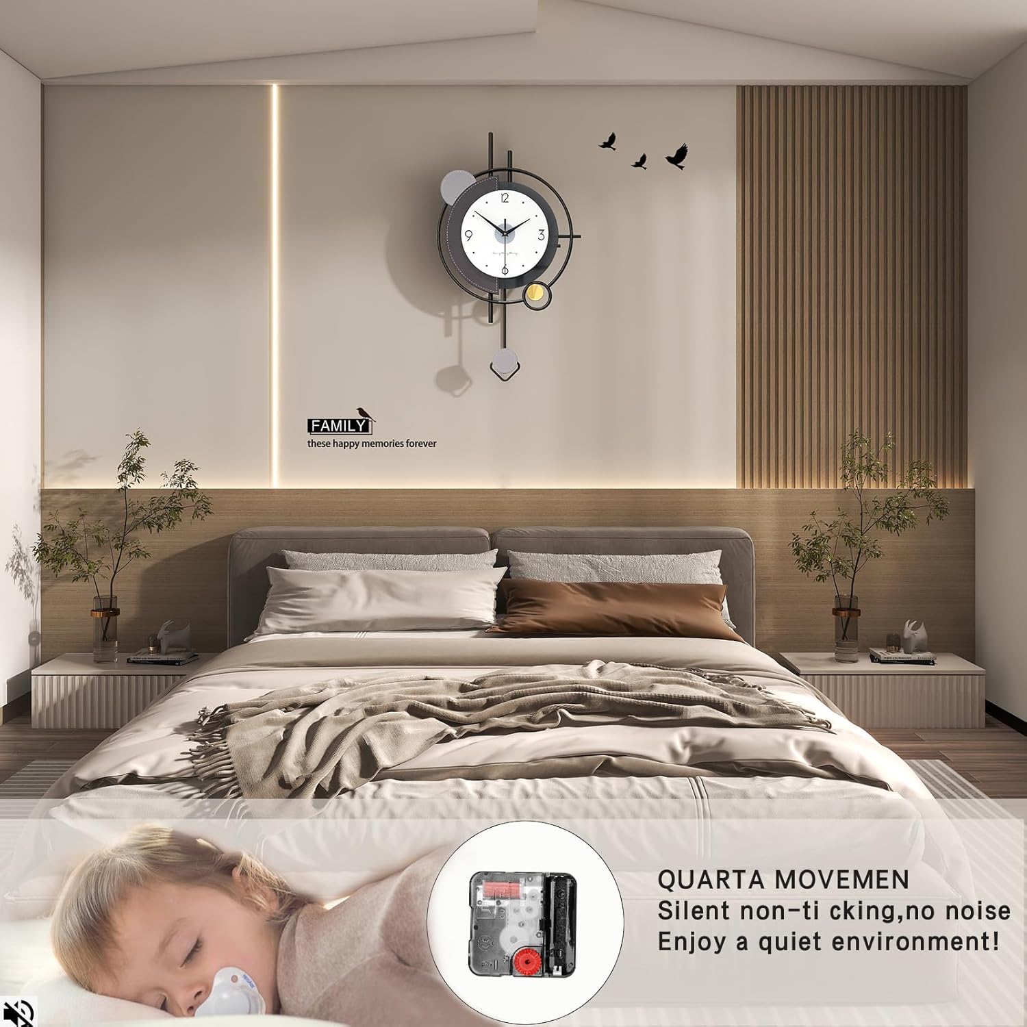 FLEBLE Relojes de pared modernos para decoración de sala de estar, reloj de pared de péndulo grande, funciona con pilas, sin tictac, silencioso para