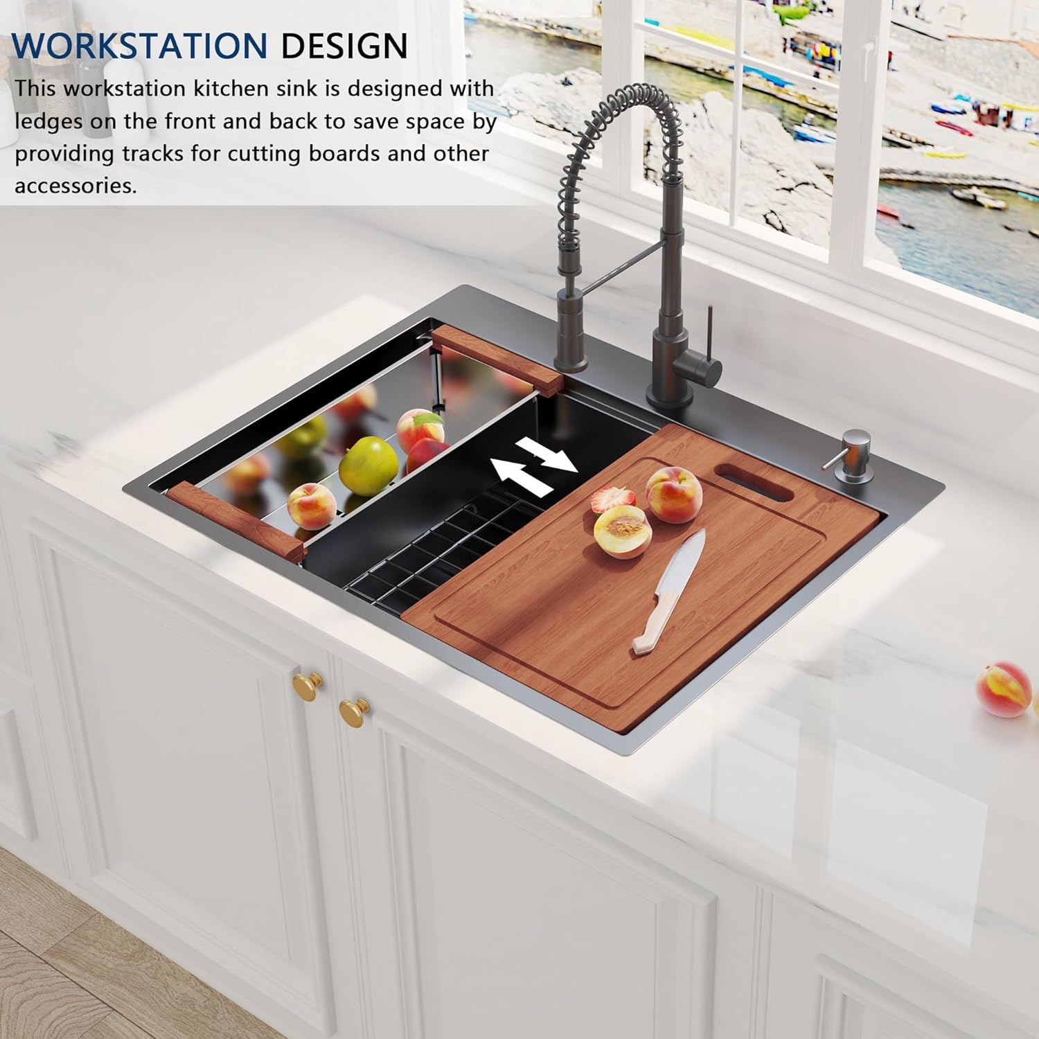 Fregadero de cocina de 28 x 22 pulgadas, fregadero con estación de trabajo, fregadero de cocina de acero inoxidable de calibre 16 con repisa y