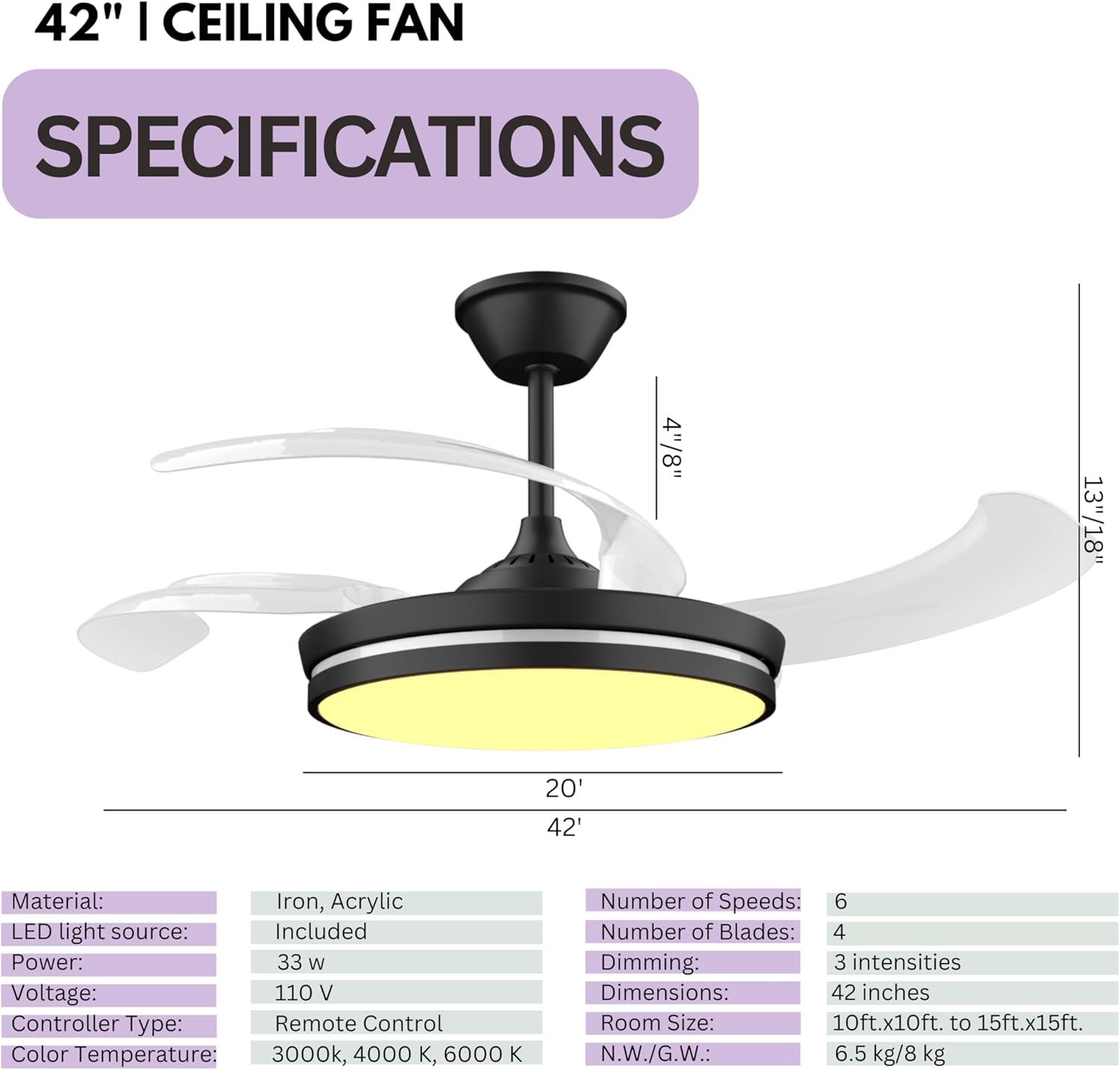 Ventilador de techo retráctil con luces, ventilador de techo retráctil de 42 pulgadas con luz LED y control remoto, motor silencioso de cuchillas