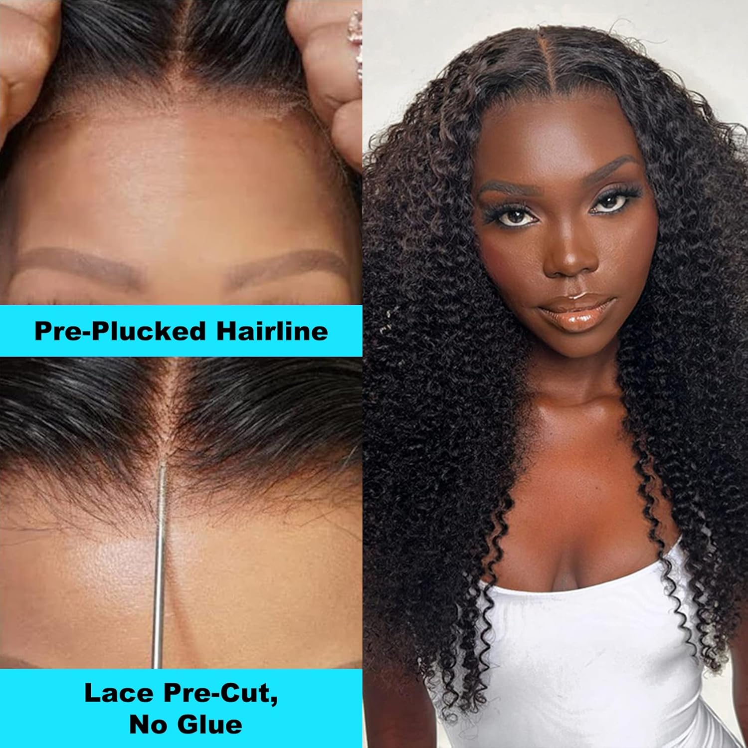 BLY Pelucas de cabello humano rizado, sin pegamento, precortadas con encaje frontal, precortadas, listas para usar, para mujeres, afro, rizado,