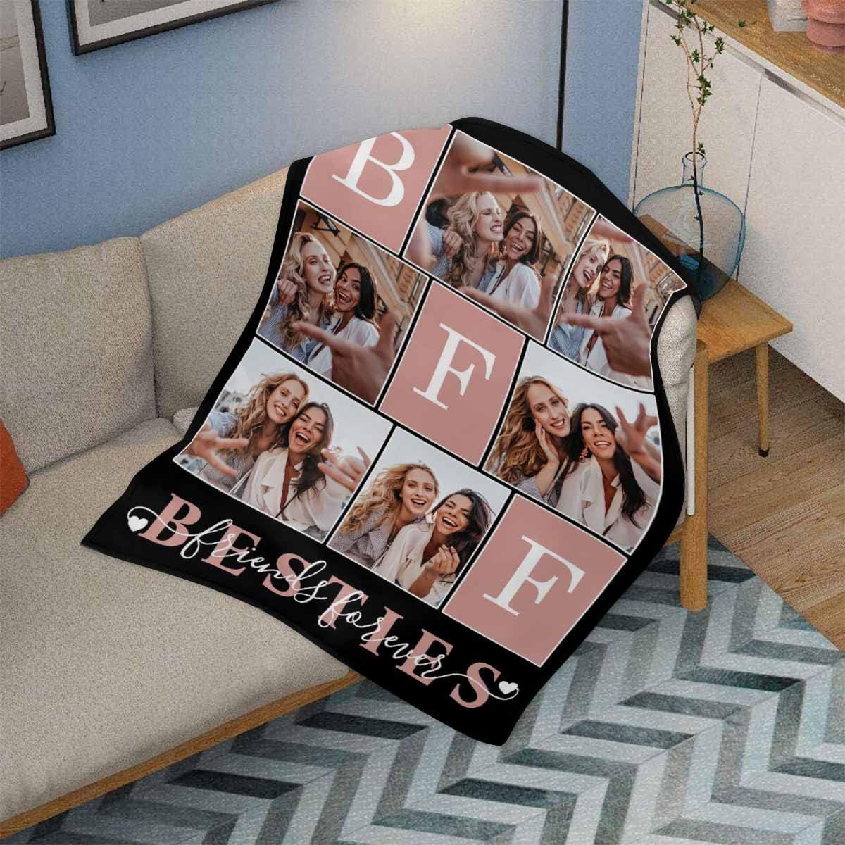 Manta acogedora personalizada con texto en inglés Besties en la que puedes confiar cualquier cosa, ligera para mejores amigos, 6 fotos, ligera,