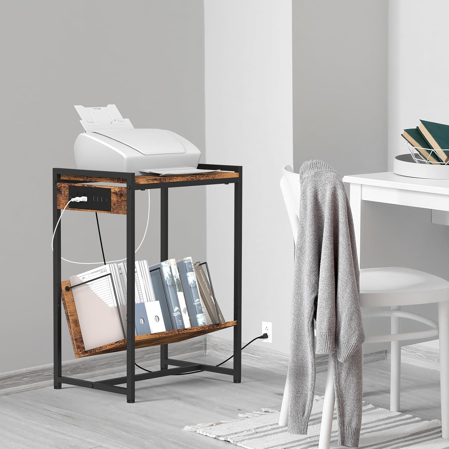 CADUKE Soporte para tocadiscos de 2 niveles con almacenamiento para discos de vinilo con ruedas, mesita de noche industrial con estación de carga
