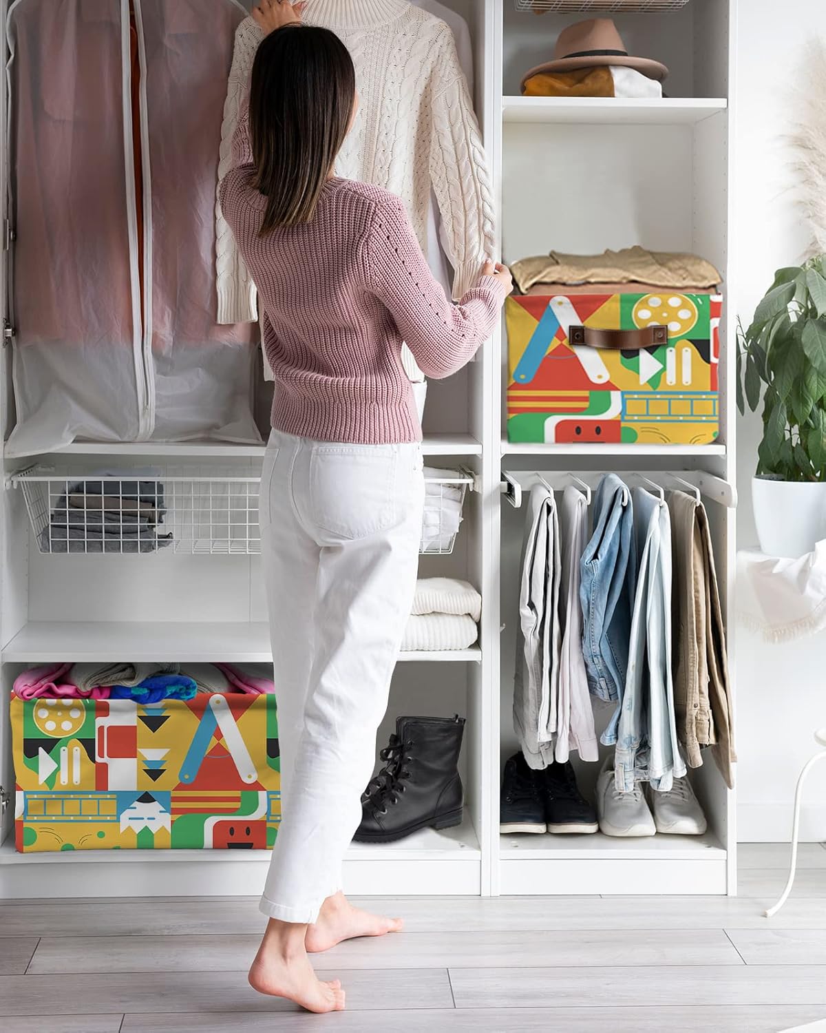Colorful Geometric Storage Basket for Organizing Shelves, Collapsible Storage Bins Boxes with Handle, Modern Irregular Abstract Art Aesthetics