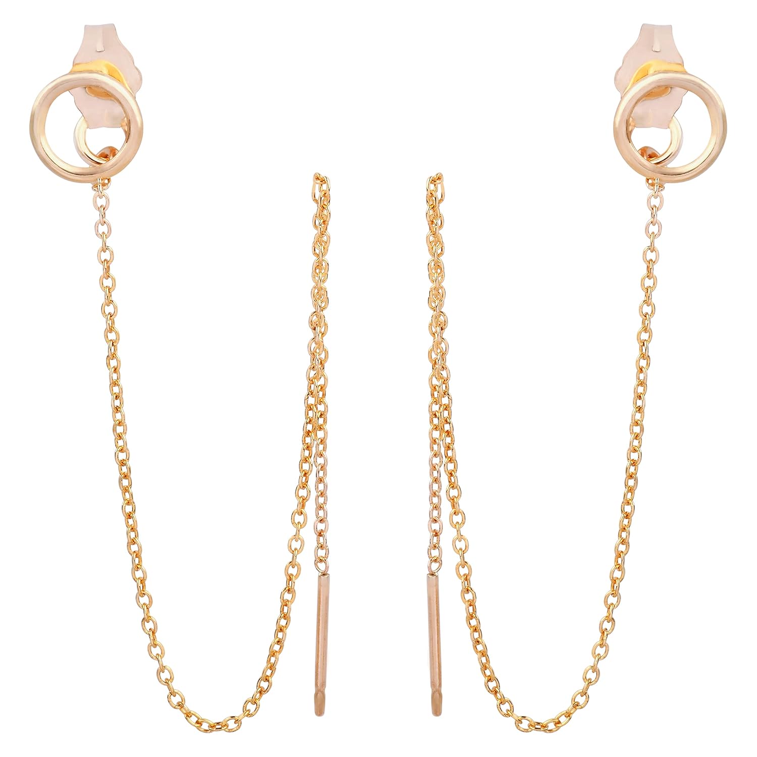 Double Piercing Earrings – Two Hole Earrings for Women – Silver, Gold and Rose Gold – Pull Through Chain Link Earrings (14k Gold Filled)