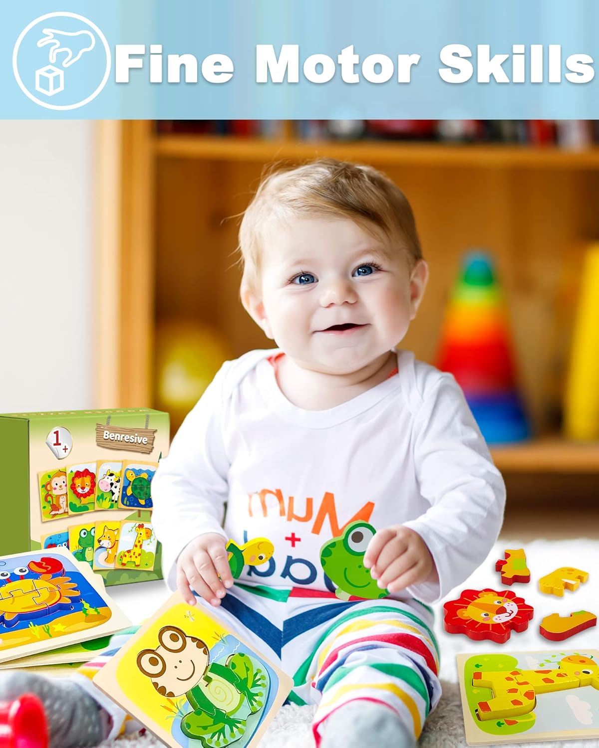 Benresive Rompecabezas de madera para niños de 1 a 3 años, juguetes Montessori para niños y niñas de 1, 2, 3 años, paquete de 8 juguetes de animales