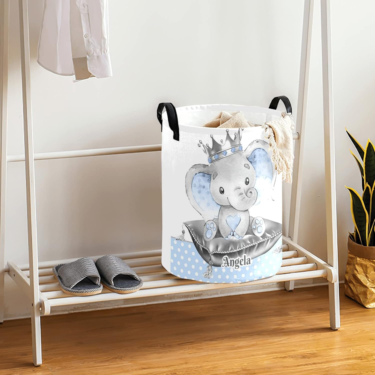 Cestas de lavandería personalizadas de elefante con nombre, cesta de almacenamiento de ropa plegable con asa para baño, dormitorio, cocina