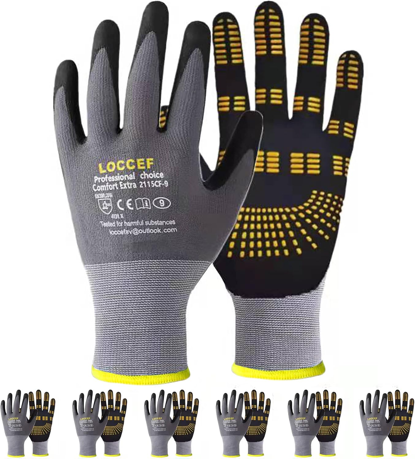 Guantes de trabajo de seguridad con revestimiento de nitrilo de microespuma, 6 pares, nailon de punto sin costuras, puntos en la palma, guantes de