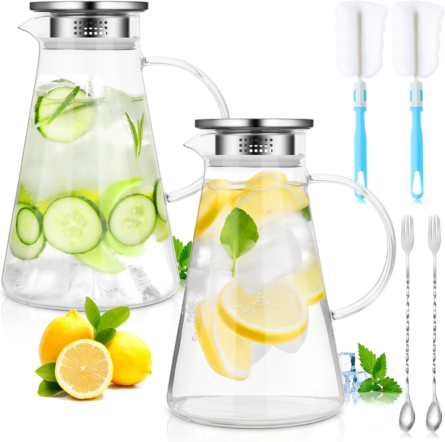 2 jarras de vidrio con tapa y boquilla, jarra de agua de vidrio con asa para jugo de té, leche, bebidas frías o calientes, con cuchara de mezcla de