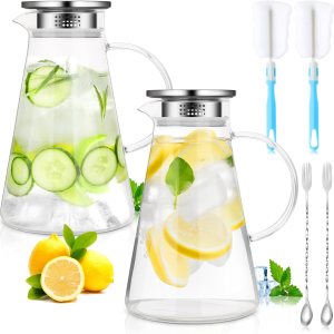 2 jarras de vidrio con tapa y boquilla, jarra de agua de vidrio con asa para jugo de té, leche, bebidas frías o calientes, con cuchara de mezcla de 2 jarras de vidrio con tapa y boquilla, jarra de agua de vidrio con asa para jugo de té, leche, bebidas frías o calientes, con cuchara de mezcla de